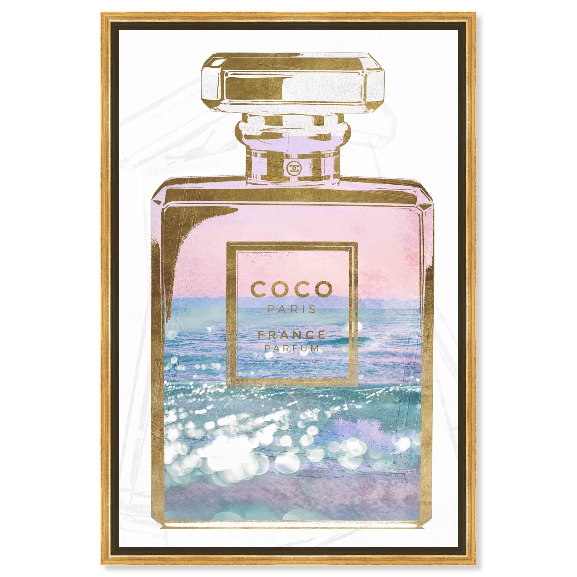 Oliver Gal Fashion & Glam Wall Art - Blush Ocean Spray Perfume Framed Canvas Print, 24x36 Inch Gold Floater Frame, Elegant Home Decor for Living Room, Bedroom & Office