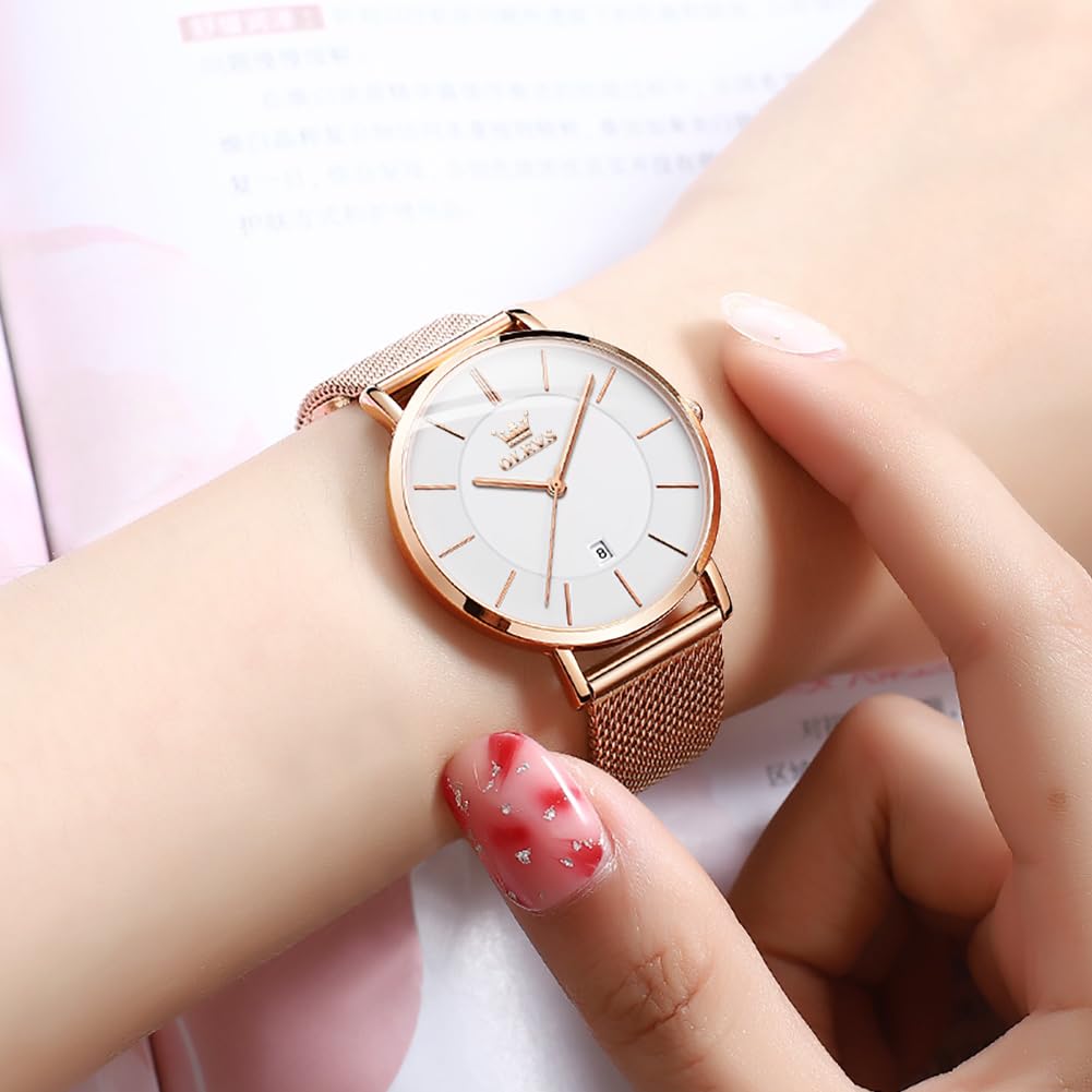 OLEVS Women's Elegant Diamond Dress Watch - Analog Quartz Leather Waterproof Wristwatch with Large Sandblasted Face | Perfect for Office, Party & Formal Occasions