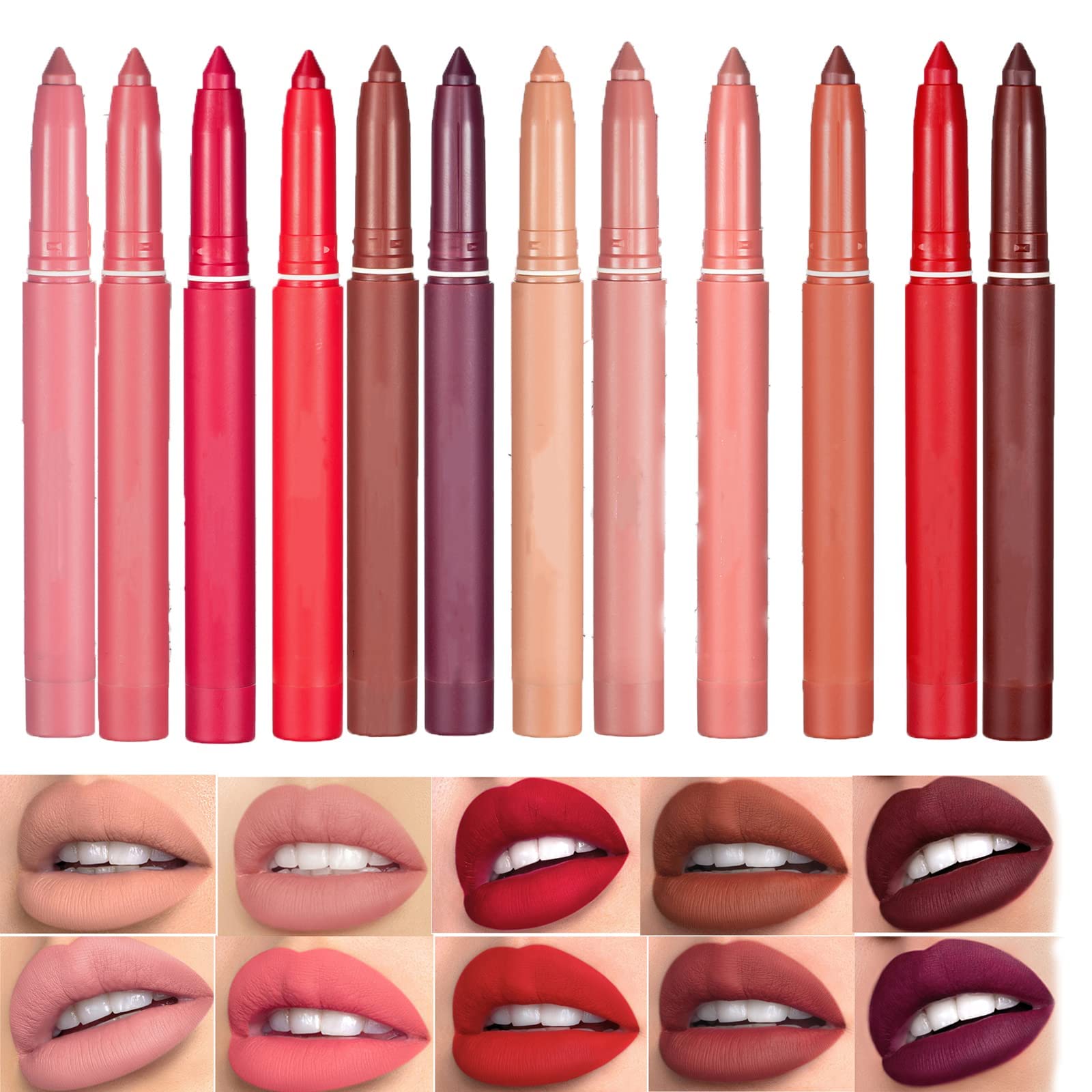 CAIKUIZEI 12-Color Rotating Matte Lipstick Pencils Set - Long Lasting Lip Crayon & Lip Liner with Sharpener | Waterproof, Smudge-Proof for Daily Makeup, Party & Special Occasions