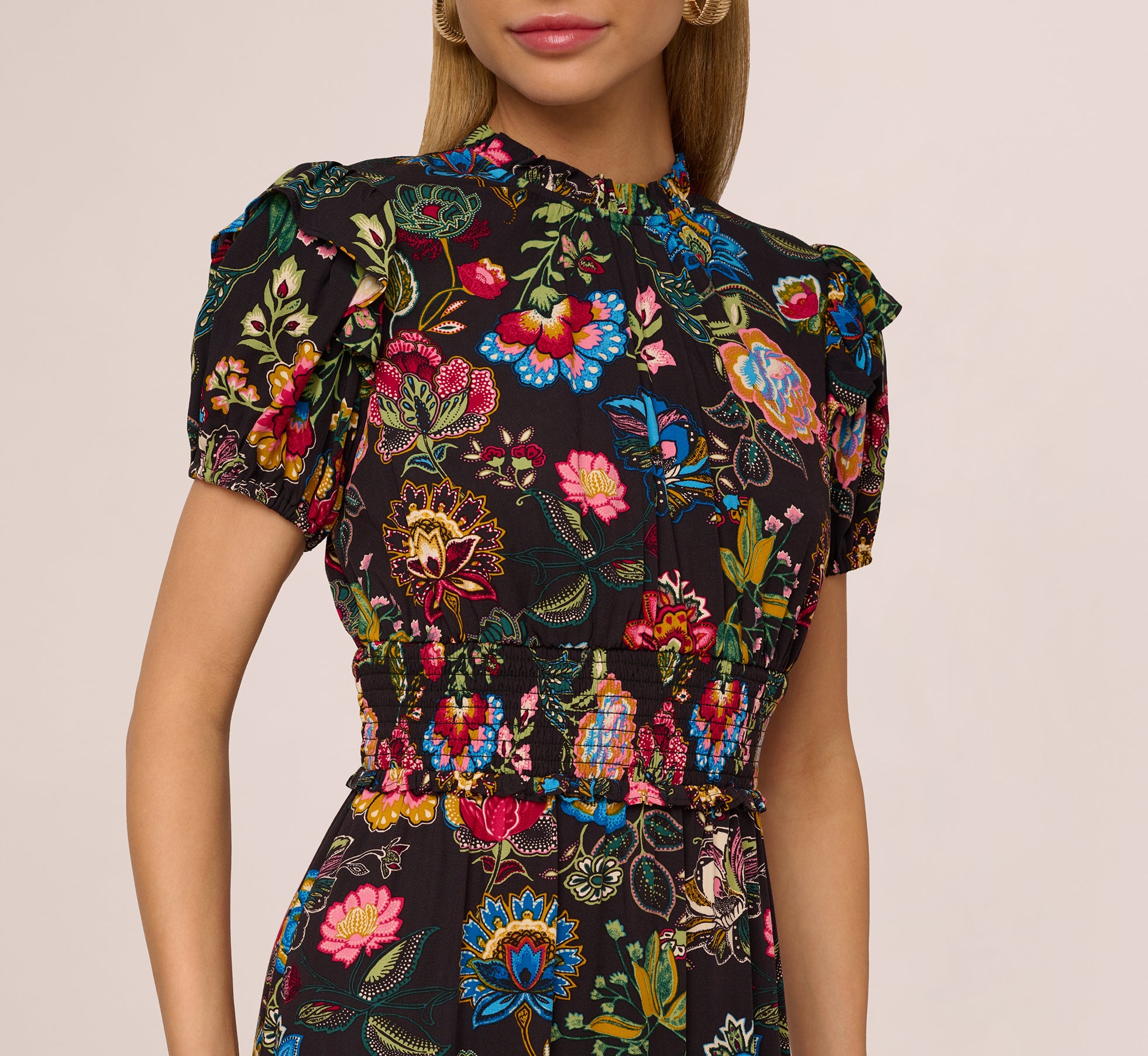 Black Multi Floral Puff Sleeve Midi Flounce Dress - Perfect for Summer Weddings, Garden Parties & Date Nights