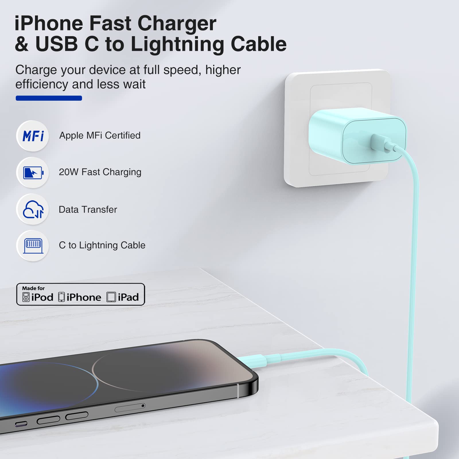 6ft Fast Charging USB C to Lightning Cable for iPhone 14/13/12/11 Pro Max & iPad - 20W Wall Charger Included (2 Pack, Green) - Perfect for Home, Office & Travel Charging