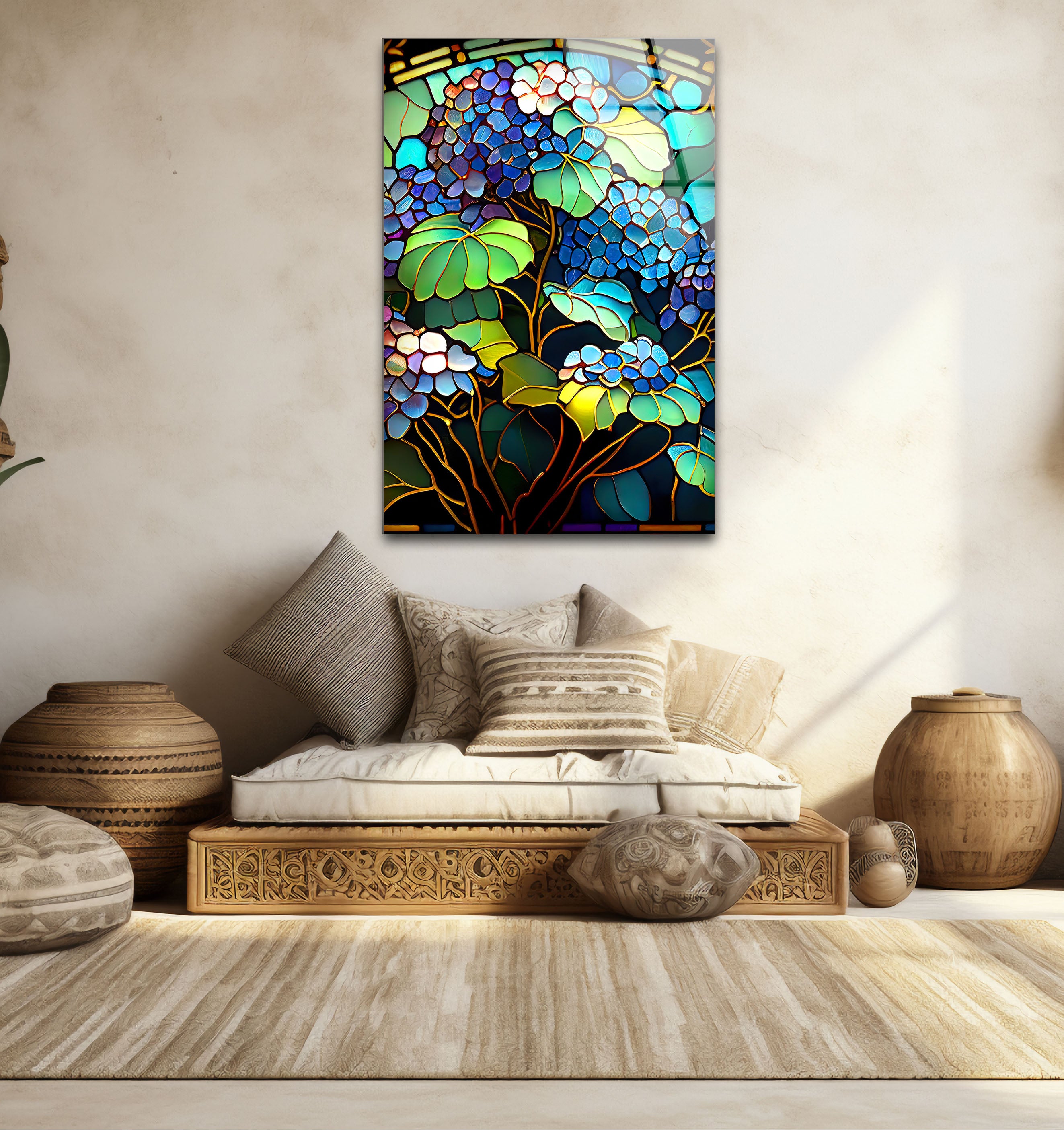 Blue Hydrangea Stained Glass Wall Art - Vertical Floral Glass Print for Home Decor, Church, Wedding & Office | Handmade Glass Painting Gift for Women
