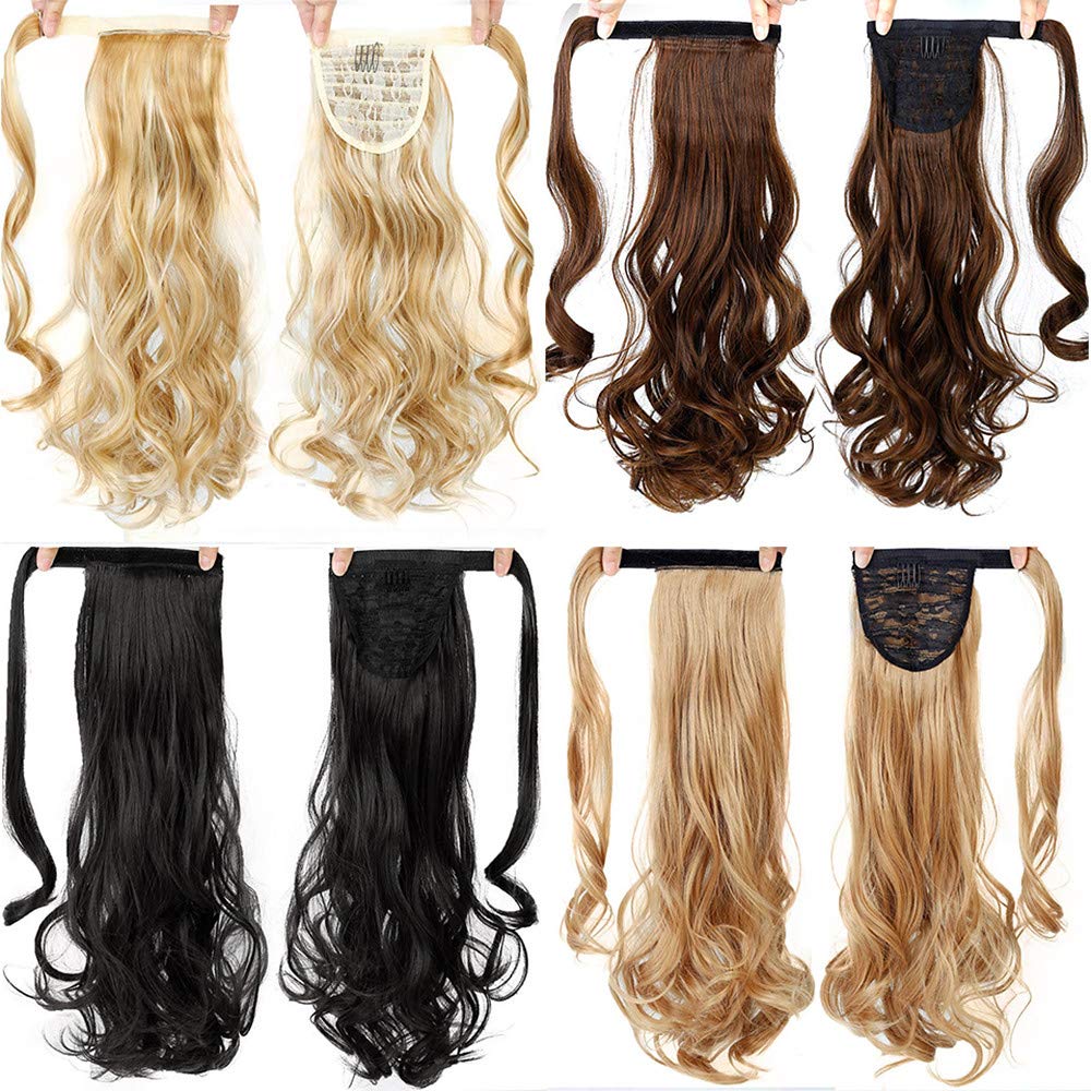RemeeHi Remy Human Hair Wavy Curly Long Wrap Around Ponytail Clip-in Hair Extension 18 Inch 120g 613 Bleach Blonde - Perfect for Parties, Weddings & Daily Styling