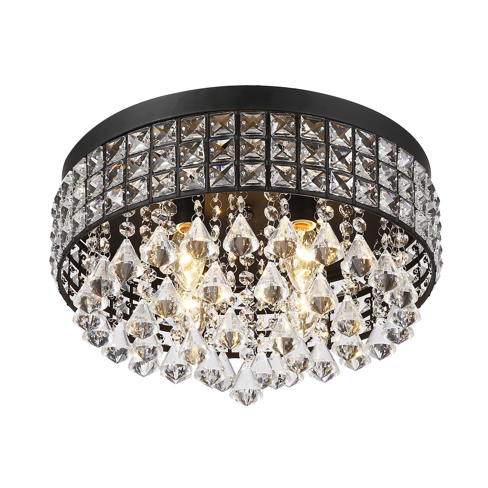 Elegant 4-Light Crystal Chandelier with Round Metal Shade - Dimmable Recessed Ceiling Light in Brushed Black for Bedroom, Living Room, Dining Room & Office | Perfect for Romantic Dinners, Home Decor & Luxury Interior Lighting