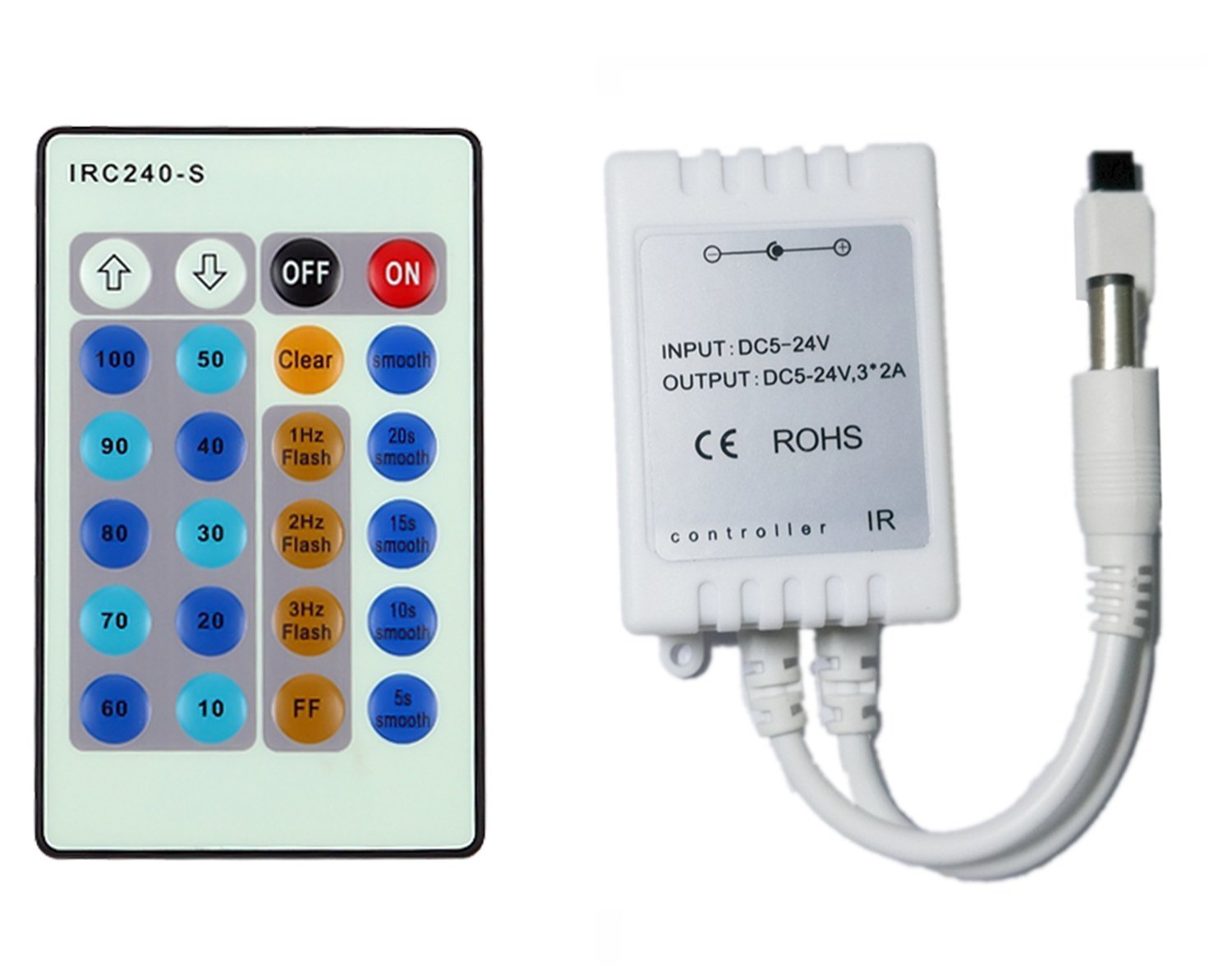 Xking IRC240-S 24-Key IR Remote LED Dimmer Controller for 5050/3528/5630 Single Color LED Strip Lights - 12V 6A, DC5.5*2.1mm Port - Perfect for Home Theater, Bedroom, and DIY Lighting Projects