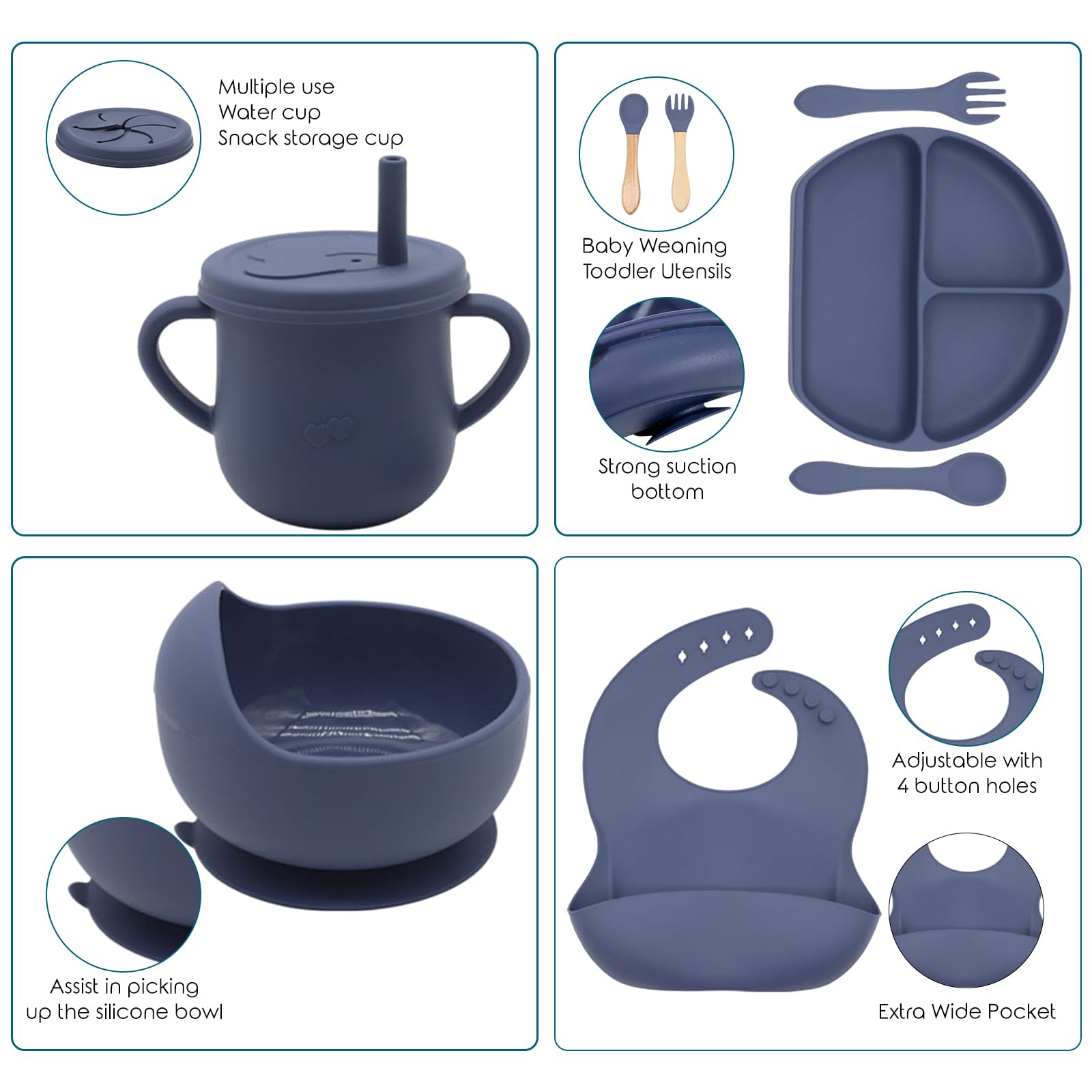 100% Silicone Baby Feeding Set - BPA Free Toddler Dish Set with Suction Bowl, Divided Plate, Spoons, Forks, Sippy Cup & Bib - Self Feeding Utensils for Babies & Kids (Navy Blue) - Perfect for Home, Travel & Daycare Use