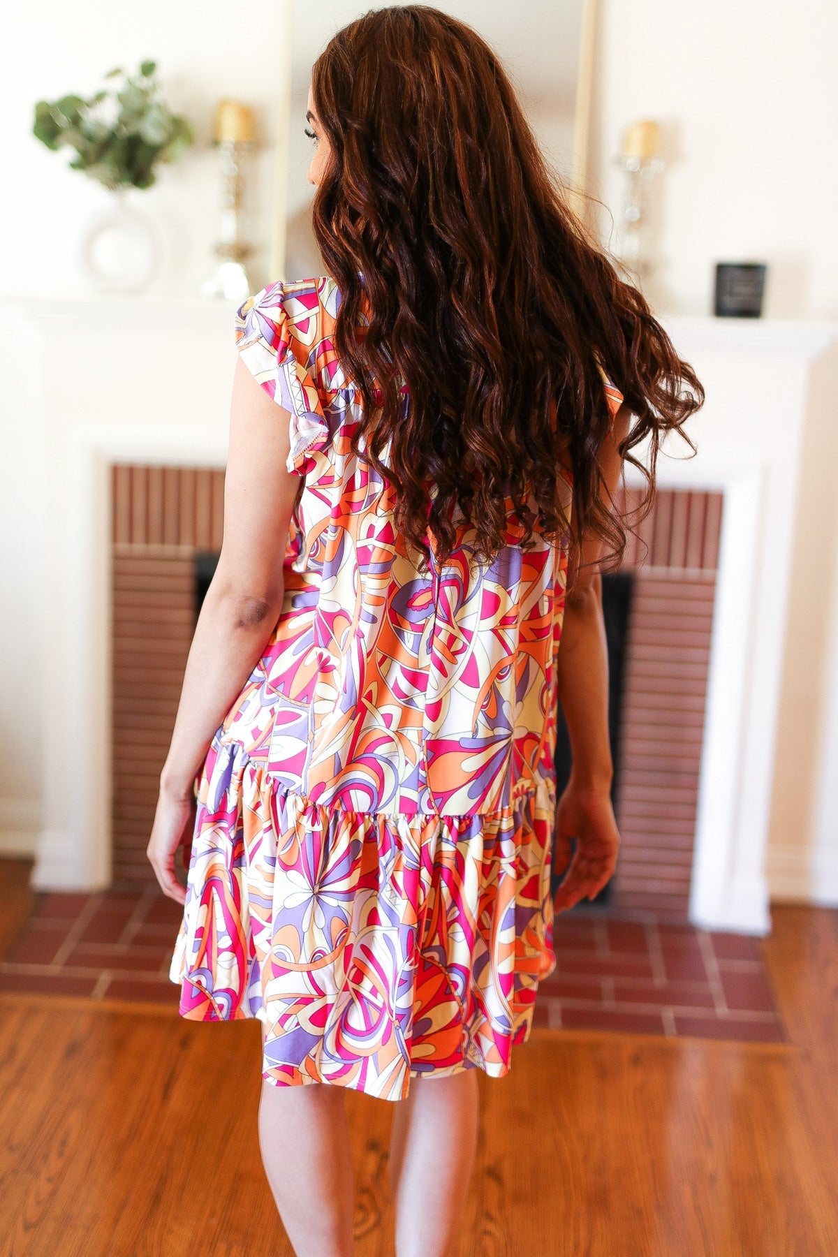 Multicolor Geometric Print Midi Dress with Flutter Sleeves - Women's Casual Summer Flowy Dress for Beach, Party & Vacation Outfits