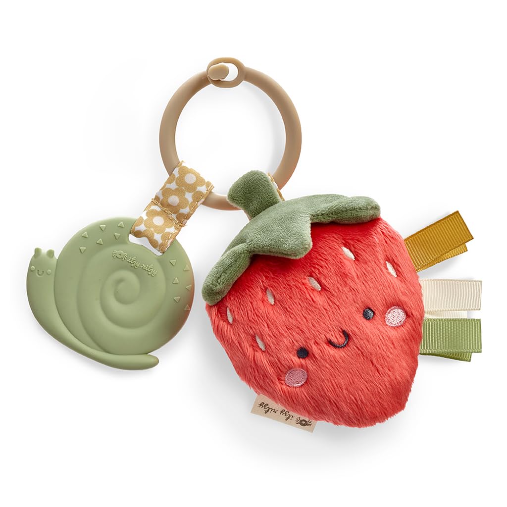 Itzy Ritzy Infant Toy & Teether - Soft Silicone Teething Toy with Lovey, Crinkle Sound & Textured Ribbons for Newborns & Babies (Strawberry) | Soothing Gum Relief & Sensory Play for Teething Infants