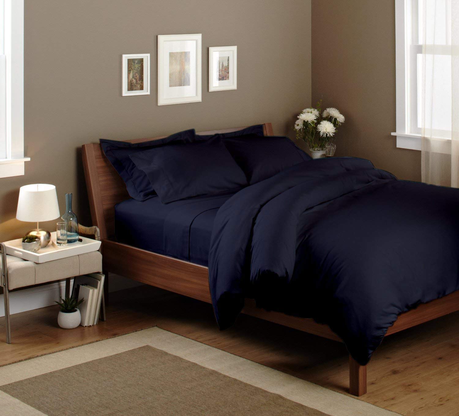 Luxury 7-Piece 1000 Thread Count 100% Egyptian Cotton Sheet Set - Ultra Soft & Breathable Queen Size Bedding in Navy Blue for Hotel, Home & Guest Room Comfort