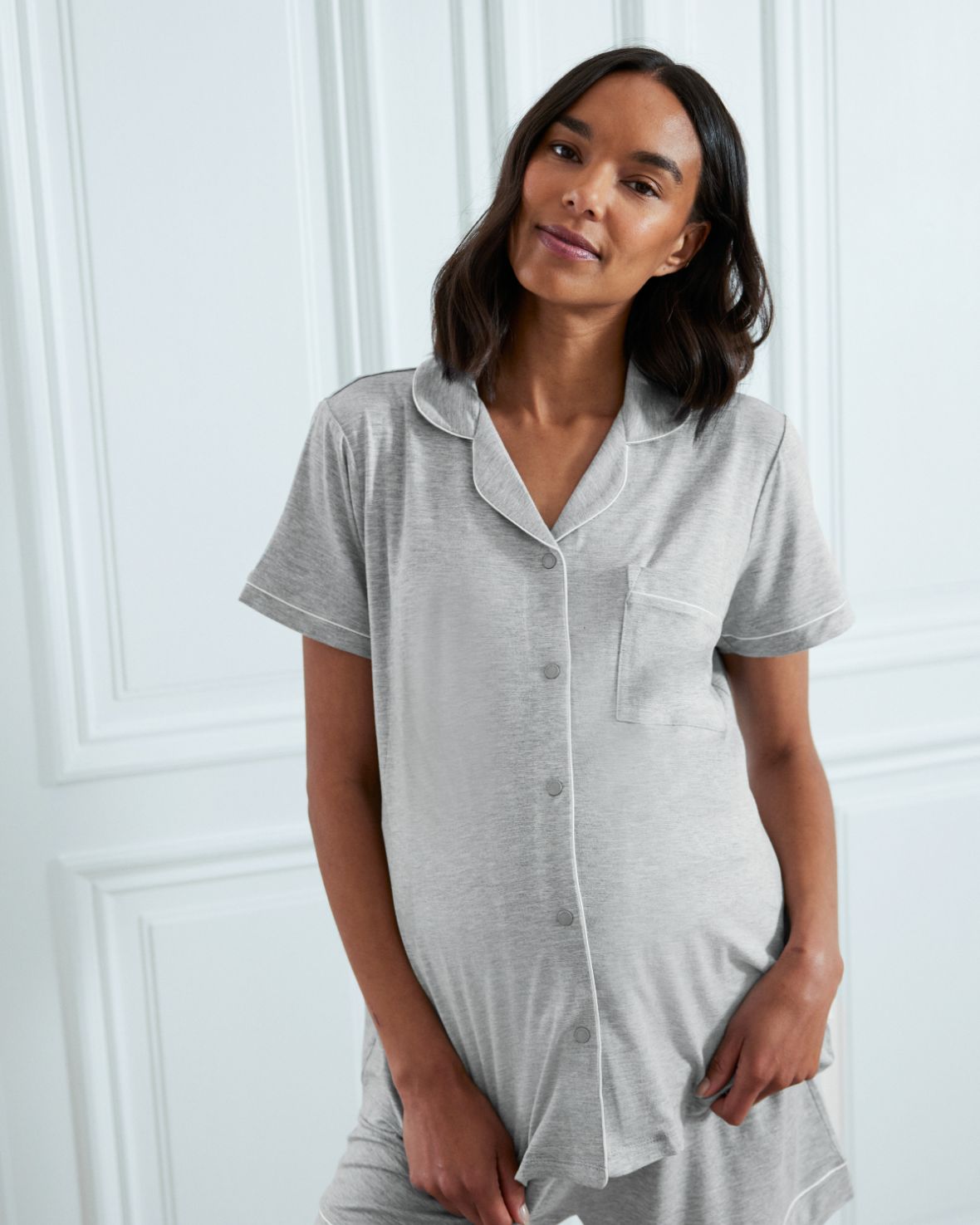 Soft & Breathable Maternity TENCEL™ Modal Short Sleeve Button Up Pajama Set - Grey | Comfortable Nursing Sleepwear for Pregnant Women | Perfect for Maternity Hospital Stay & Breastfeeding at Home