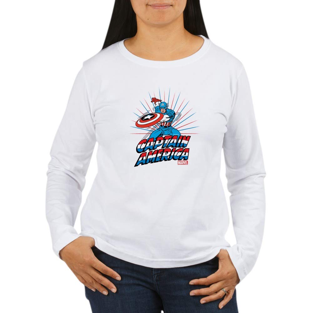Captain America Women's Long Sleeve T-Shirt - Marvel Superhero Graphic Tee for Women - Comfortable Cotton Crewneck Top - Perfect for Cosplay, Comic Con & Casual Wear