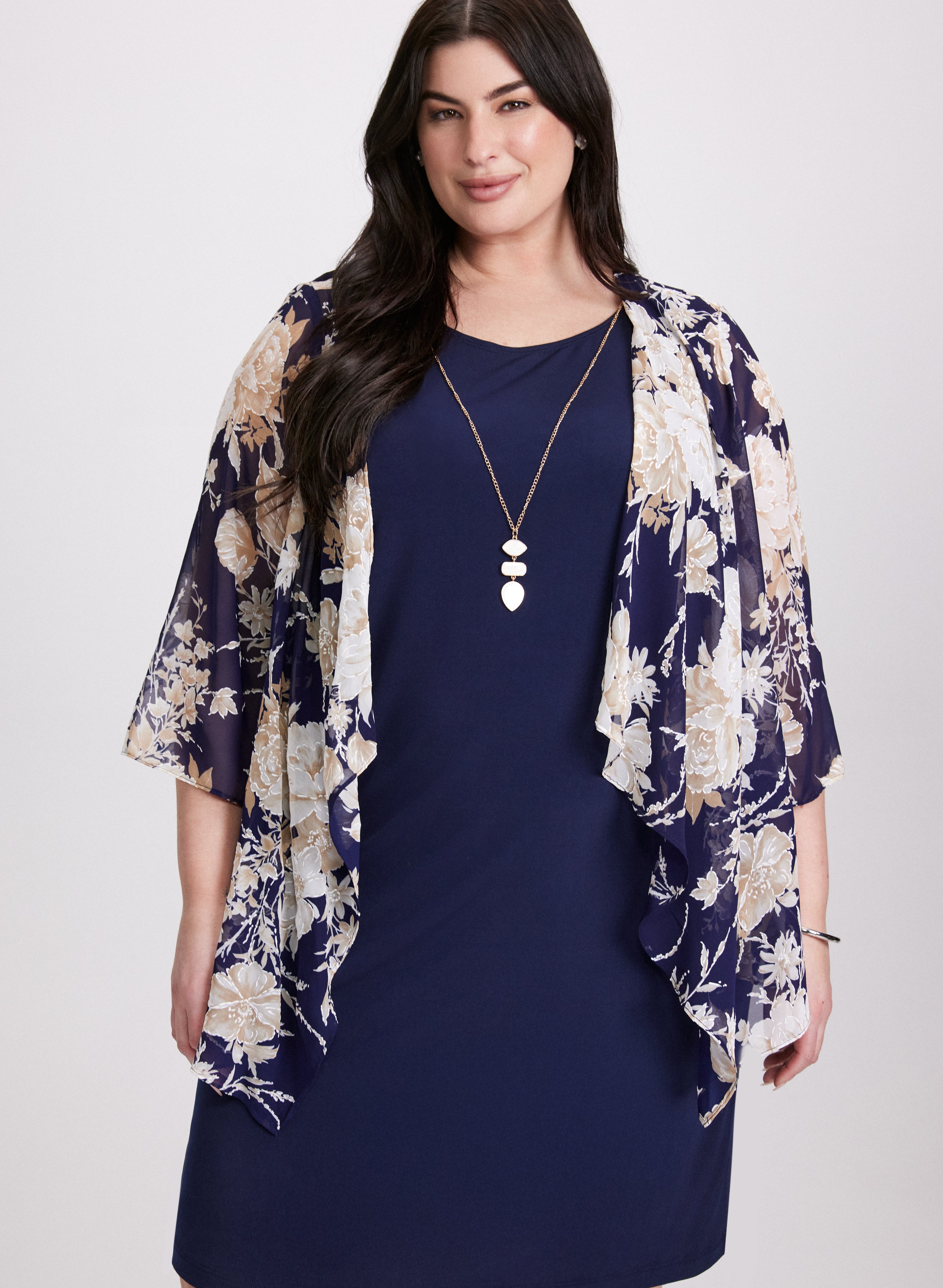Floral Cardigan Dress with Necklace Set - Women's Elegant Outfit for Party, Wedding & Date Night