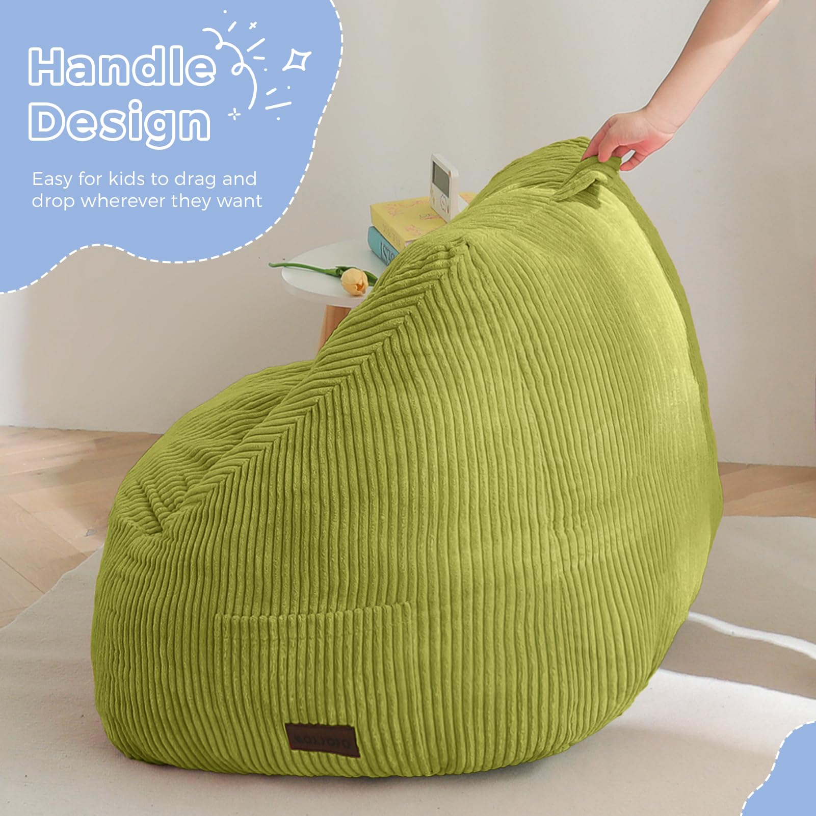 MAXYOYO Kids Bean Bag Chair - Corduroy Bean Bag Couch with Handle & Pocket for Gaming, Reading & Relaxing (Green) - Perfect for Bedrooms, Playrooms & Dorm Rooms