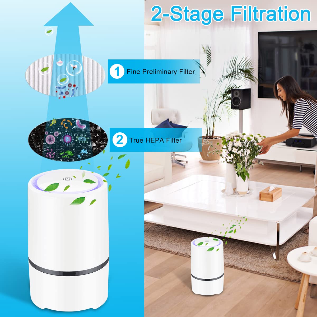 MELEDEN HEPA Air Purifier for Smoke, Pollen, Pet Dander, Odor & Dust Removal - Compact Home Air Cleaner for Bedroom, Kitchen, Office - Ozone-Free Air Purifier for Allergy Relief & Fresh Indoor Air