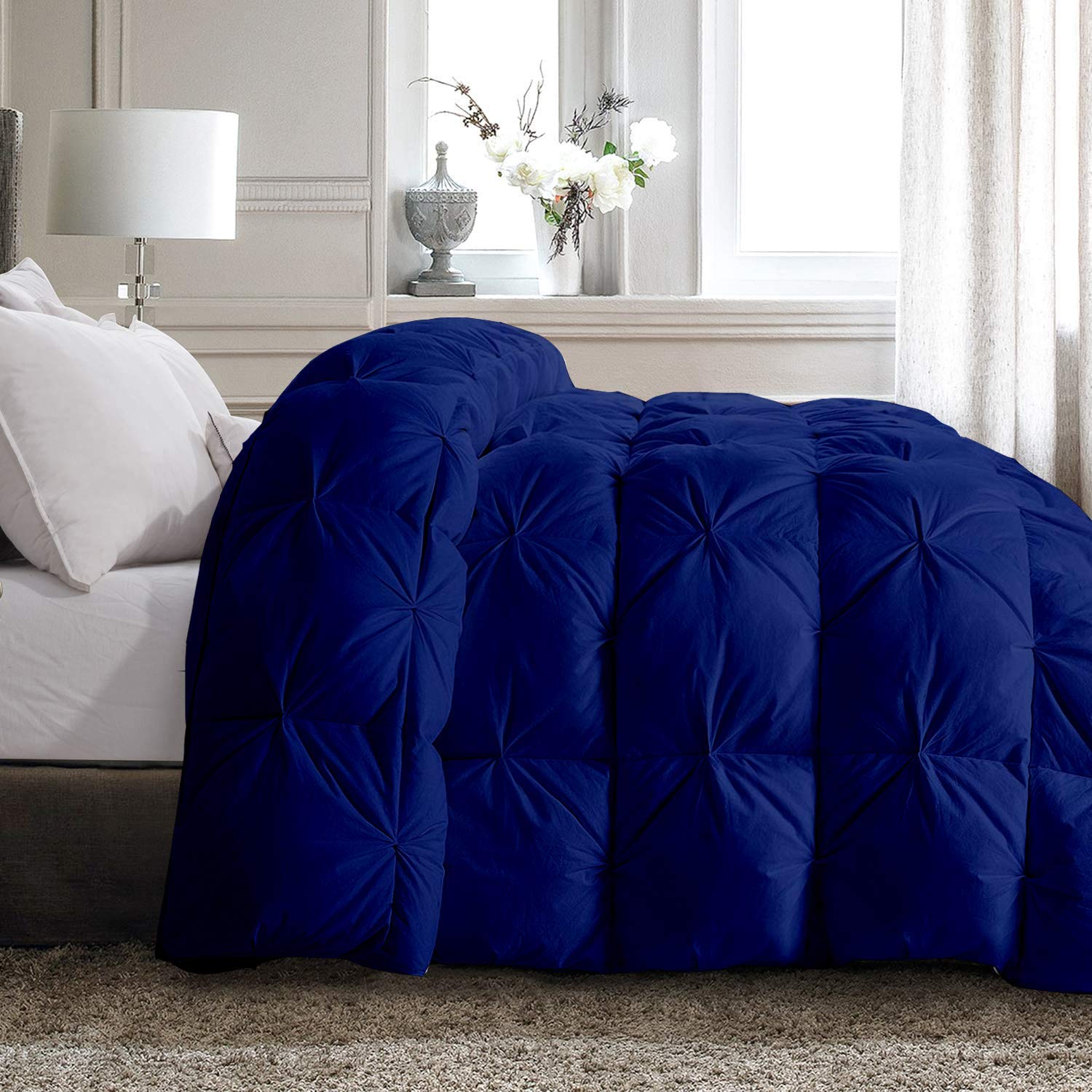 Royal Blue Pinch Pleat Goose Down Comforter Full/Queen Size - 100% Egyptian Cotton Duvet Insert with 500 GSM Fill & Corner Tabs | 800 Thread Count Baffle Box Design | Includes 2 Pillow Cases (3pc Set) | Perfect for Master Bedroom, Guest Room & Luxury Hotel Decor