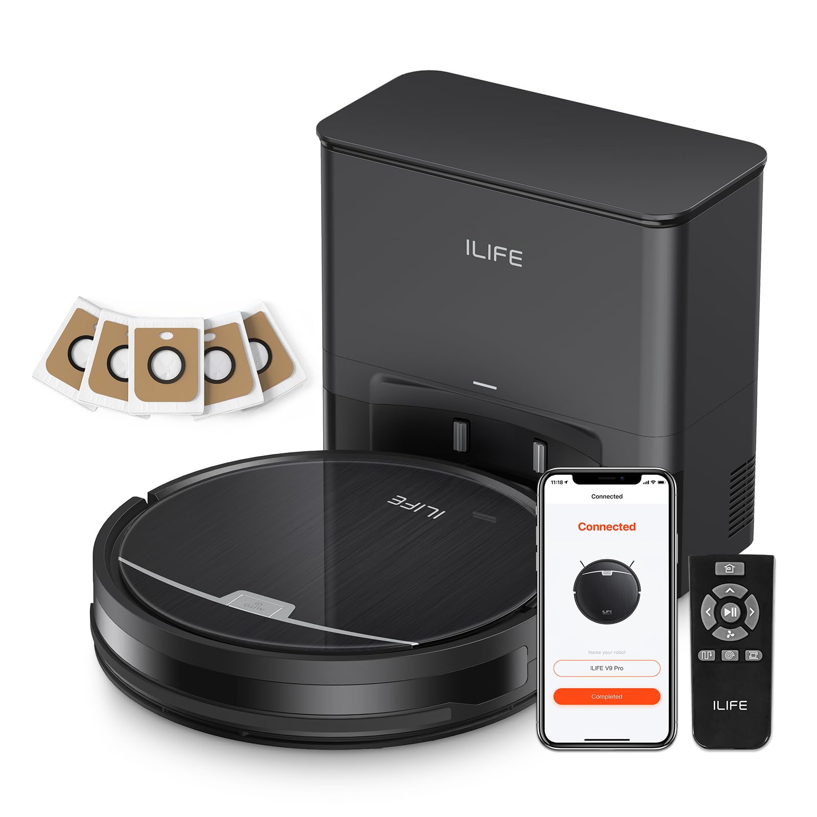 ILIFE V9 Pro Robot Vacuum and Mop Combo with Self-Emptying Base | 3000Pa Strong Suction | Smart Gyro Navigation | App/Alexa/Remote Control | 2.4G WiFi Compatible | Ideal for Hardwood Floors & Pet Hair | Perfect for Daily Cleaning in Homes with Pets & Kids (Black)
