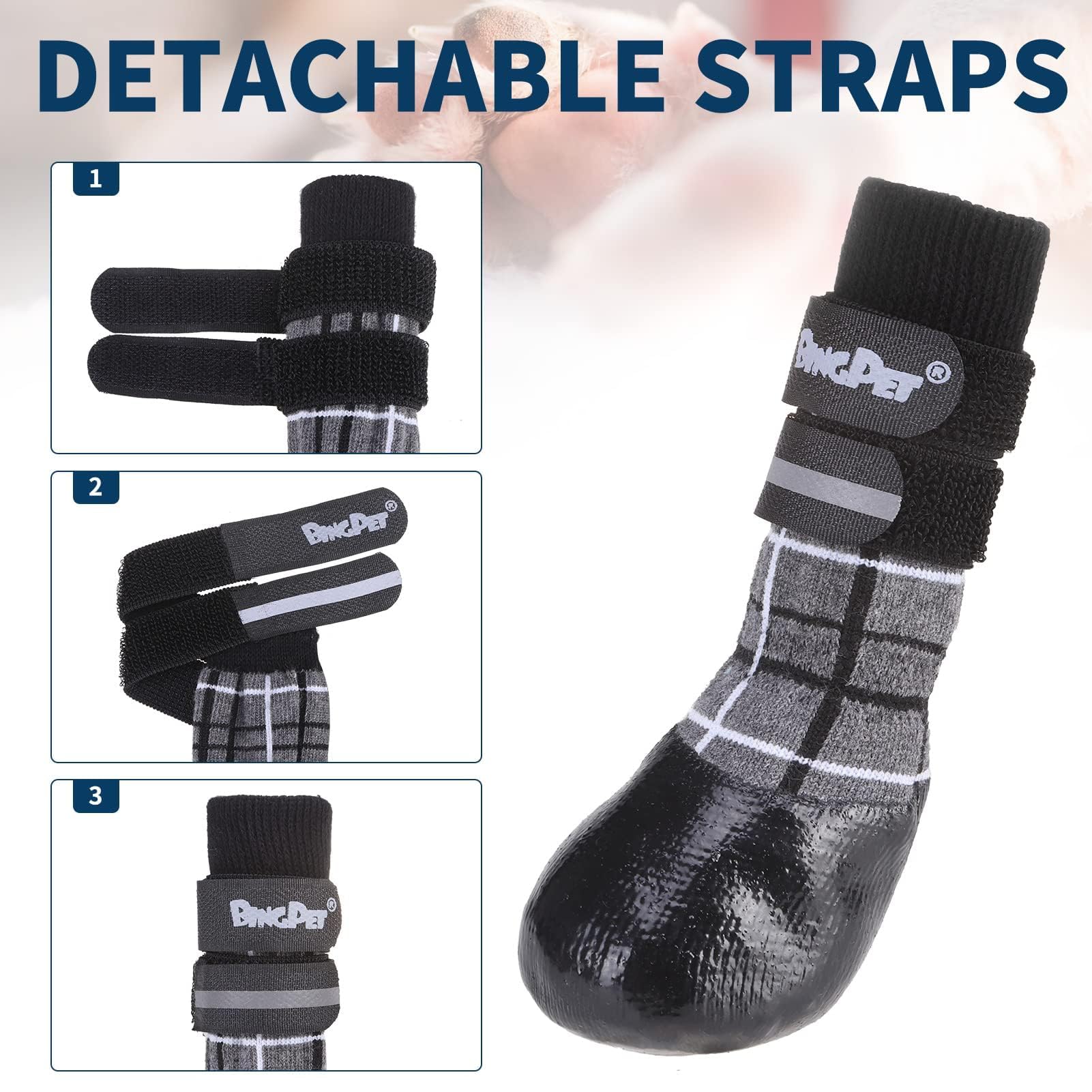 BINGPET Anti-Slip Dog Boots - Waterproof Dog Shoes with Reflective Straps for Hot Pavement, Hardwood Floors Protection - Paw Protector Socks for Small, Medium & Large Dogs - Prevent Licking & Injuries - Perfect for Walking, Hiking & Indoor Use