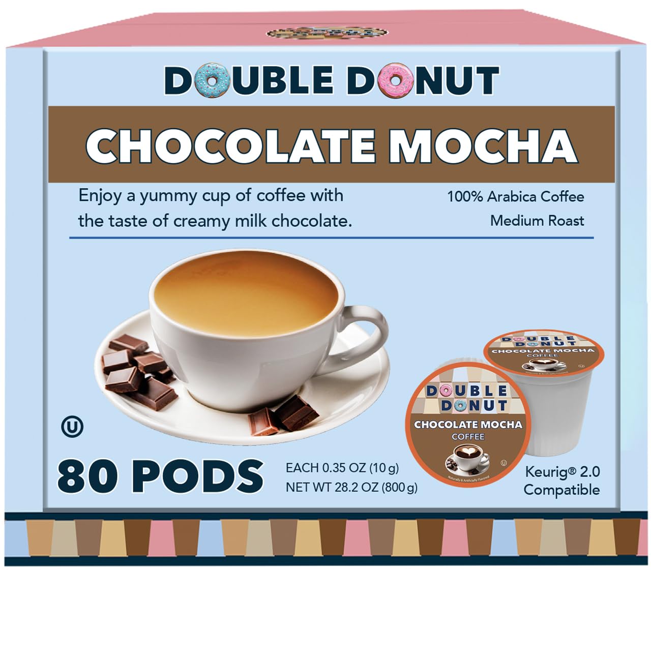 Double Donut Flavored Coffee Pods - Chocolate Mocha Medium Roast K-Cups for Keurig Brewers (80 Count) | Perfect for Breakfast, Office & Home Brewing