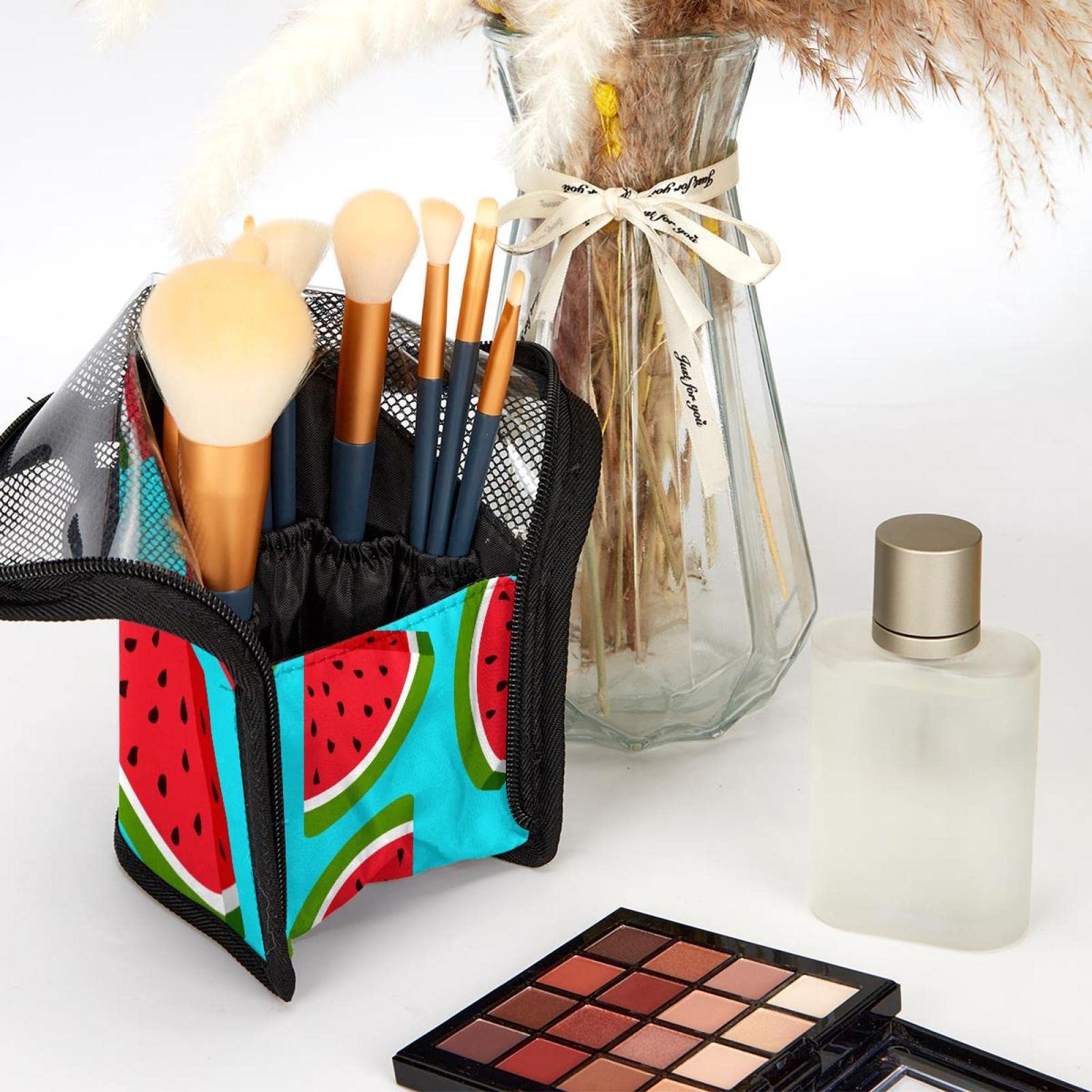 12-Piece Makeup Brush Organizer Bag with Watermelon Print - Portable Cosmetic Brush Holder Case for Travel & Home Storage | Green Background Makeup Brush Set for Professional & Everyday Use