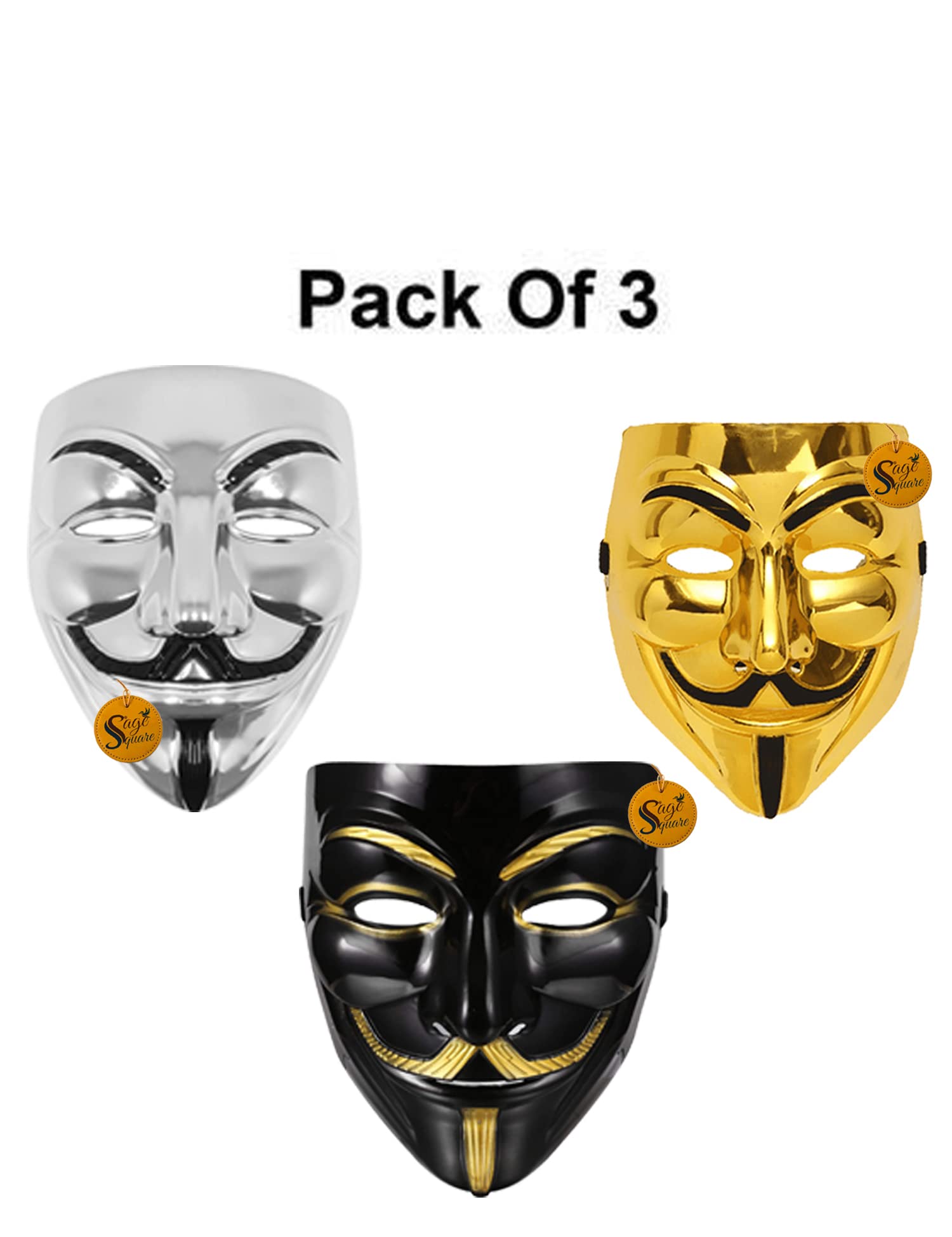 V for Vendetta Face Mask Set of 3 - Black, Gold & Silver Anonymous Cosplay Masks | Perfect Fit Fawkes Mask for Halloween, Protests & Movie Costumes