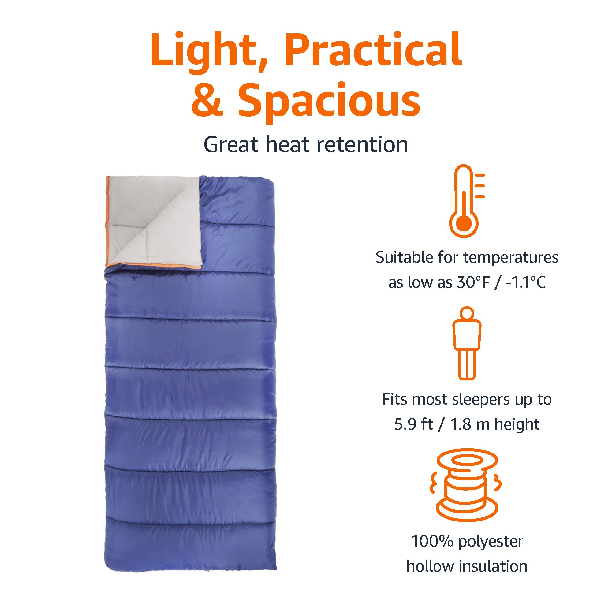 Amazon Basics Cold Weather Sleeping Bag for Adults - Lightweight & Waterproof, Twin Size, Blue - Perfect for Camping, Hiking & Outdoor Adventures