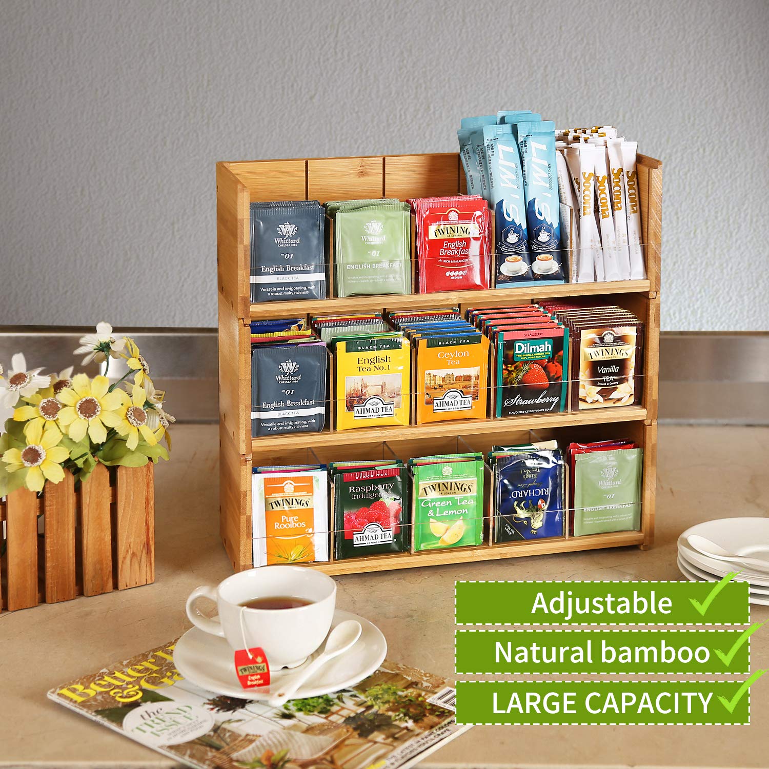 X-cosrack 3-Tier Stackable Bamboo Tea Bag Organizer Storage Box - Natural Wood Wall Mount Tea Chest with Acrylic Lid for Tea Bags - Perfect for Office, Kitchen Cabinet & Pantry Organization