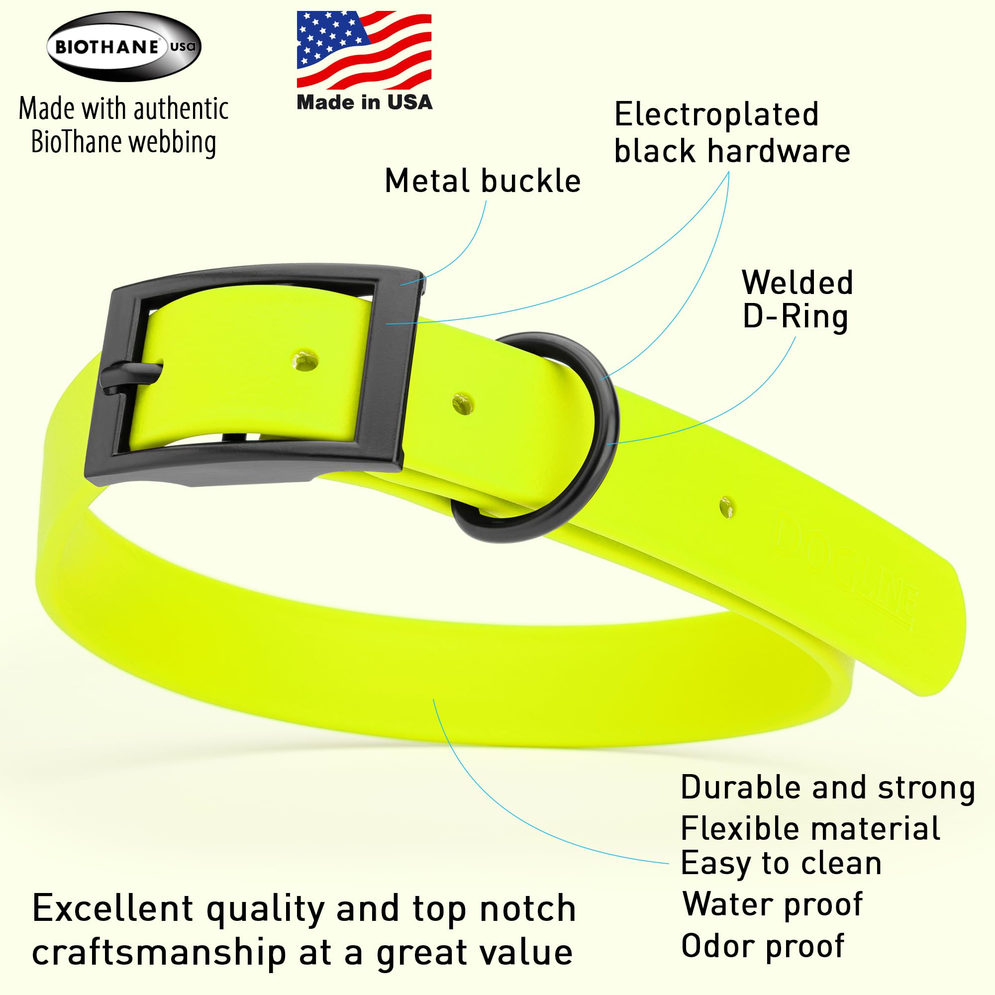 Waterproof Biothane Dog Collar - Durable Coated Nylon Webbing with Black Hardware | Odor-Proof, Easy to Clean | Fits Small, Medium & Large Dogs | Safety Yellow | Perfect for Outdoor Adventures, Swimming & Daily Walks
