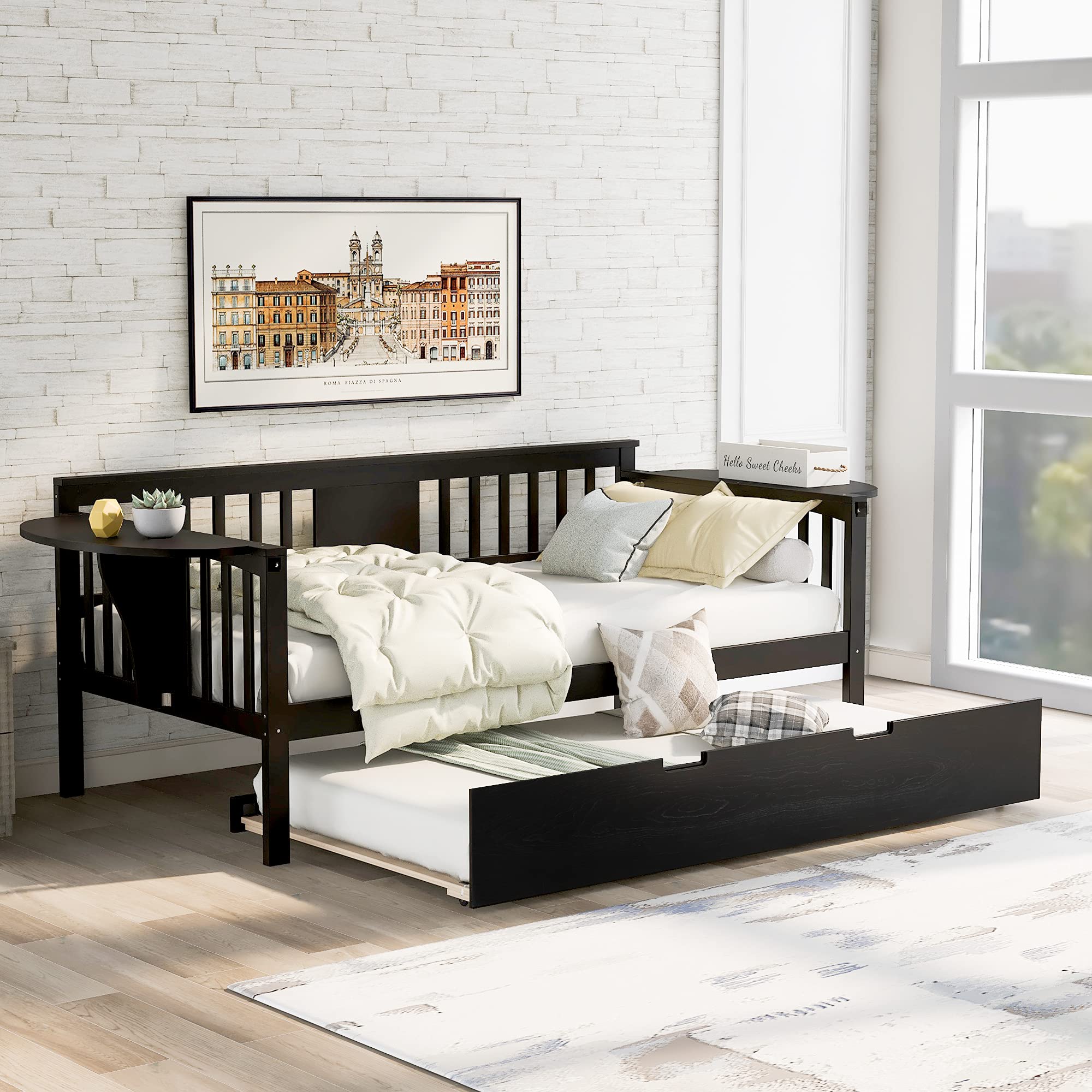 P PURLOVE Twin Daybed with Trundle - Solid Wood Daybed Frame with Built-in Folding Tables on Both Sides - No Box Spring Needed - Perfect for Small Spaces, Guest Rooms, Dorms & Living Rooms (Espresso Finish)