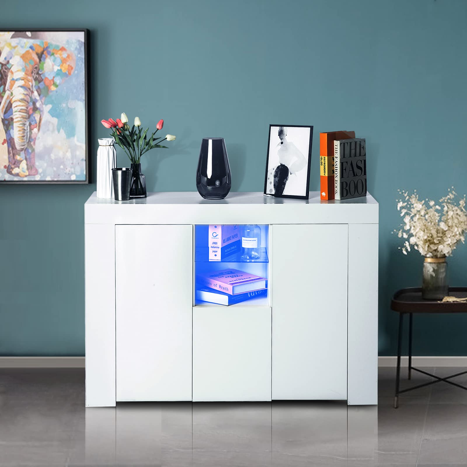 Modern High Gloss LED Sideboard Cabinet - 16 Color Changing Lights, Kitchen Buffet Storage with 2 Shelves & Drawer, White Dining Room Cupboard | Perfect for Contemporary Home Decor, Party Lighting & Kitchen Organization