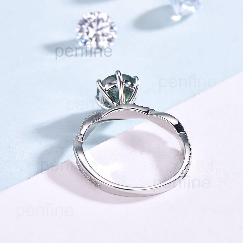 Infinity Moss Agate Engagement Ring - 14K White Gold with 6 Prong Diamond Setting | Perfect for Wedding, Proposal & Anniversary Gifts