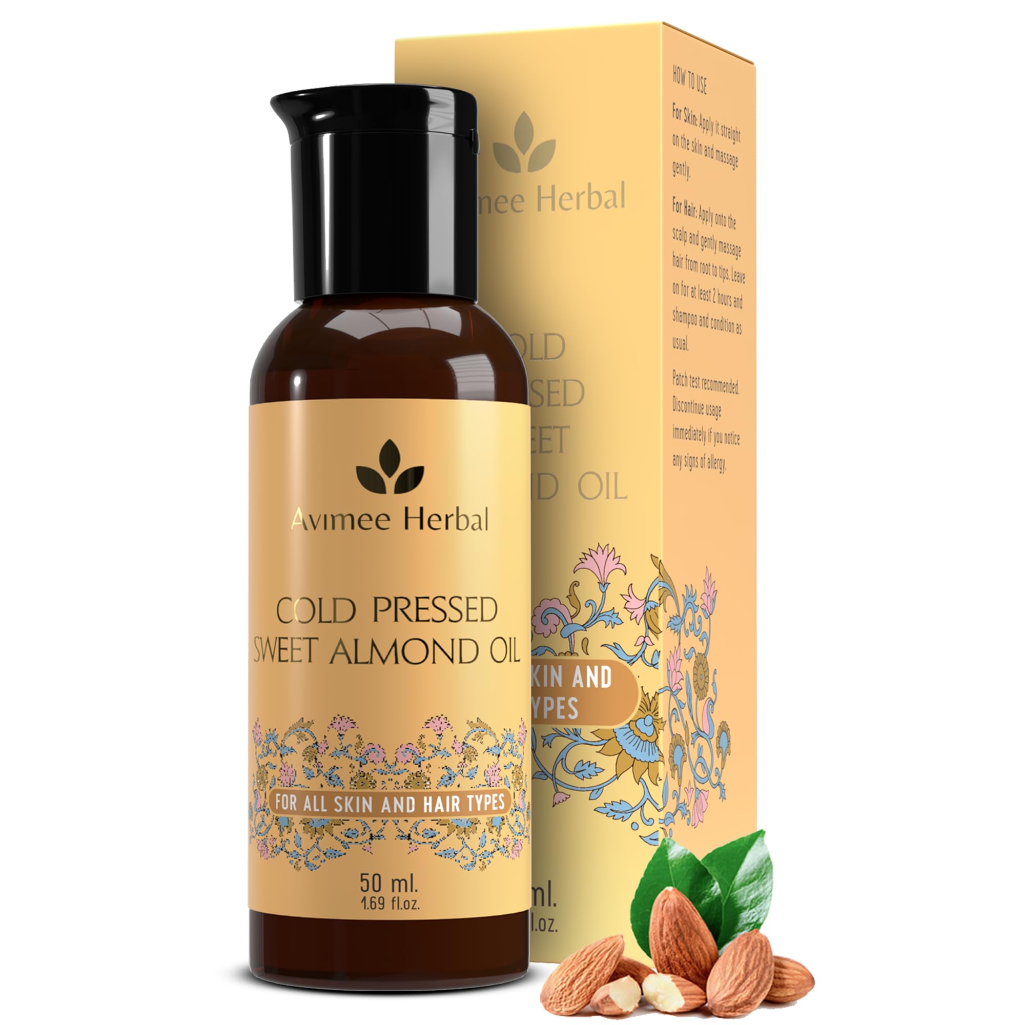 Avimee Herbal Keshpallav Almond Oil - 100% Pure Cold Pressed Hair Oil for Split Ends & Hair Growth | Vitamin E Enriched | Mineral Oil Free | 50ml | Perfect for Daily Hair Care & Scalp Massage