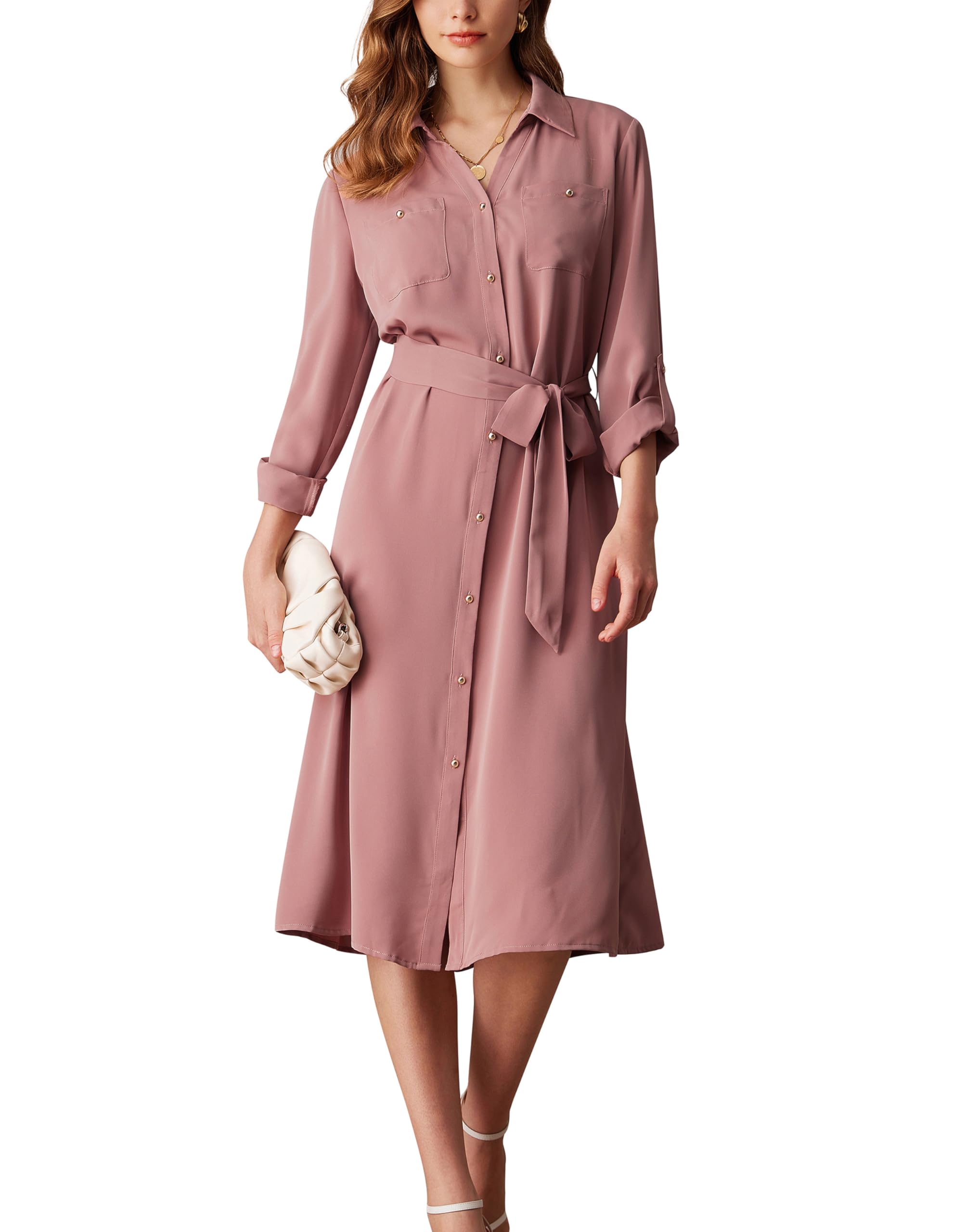 GRACE KARIN Women's Long Sleeve Button Down Shirt Dress - Casual Loose Fit Midi Dress with Adjustable Waist Tie & Sleeve Length | Perfect for Office, Date Night & Spring Outfits