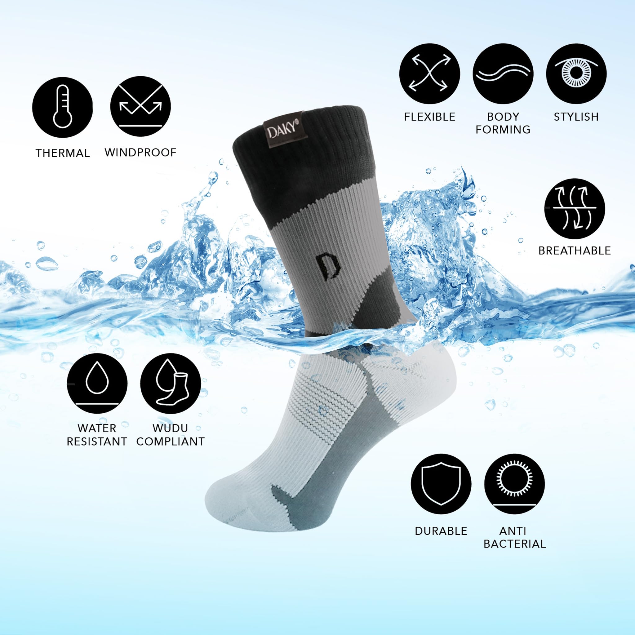 DAKY Waterproof Socks for Men & Women - Warm Thick Ultimo Mid-Calf Winter Socks for Hiking, Running & Outdoor Activities - Water-Resistant & Breathable Cold Weather Socks