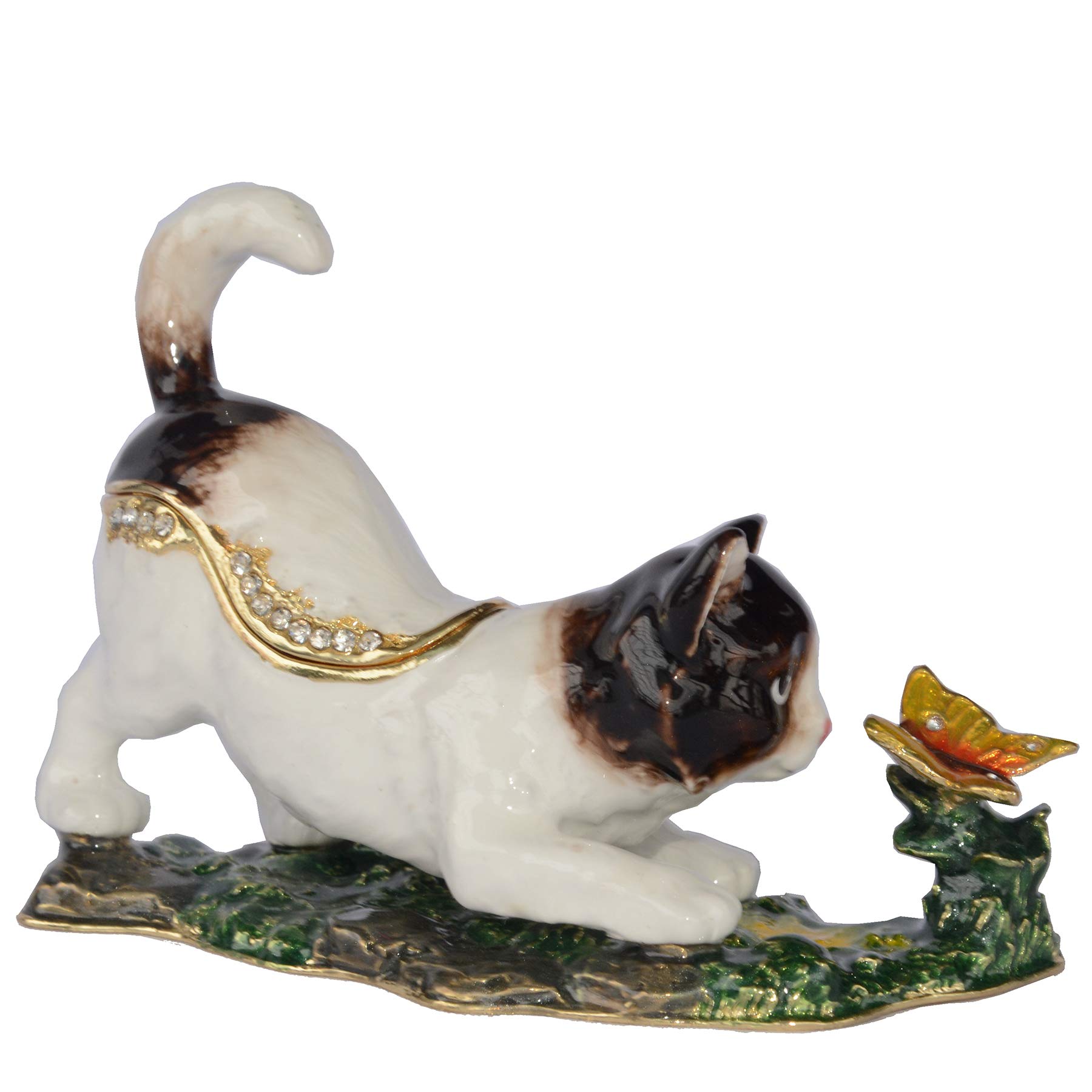 Hand Painted White Cat Trinket Box - Hinged Lid Jewelry Storage Organizer for Rings & Earrings - Decorative Collectible Cat Figurine - Perfect for Gift Giving, Home Decor & Vanity Display