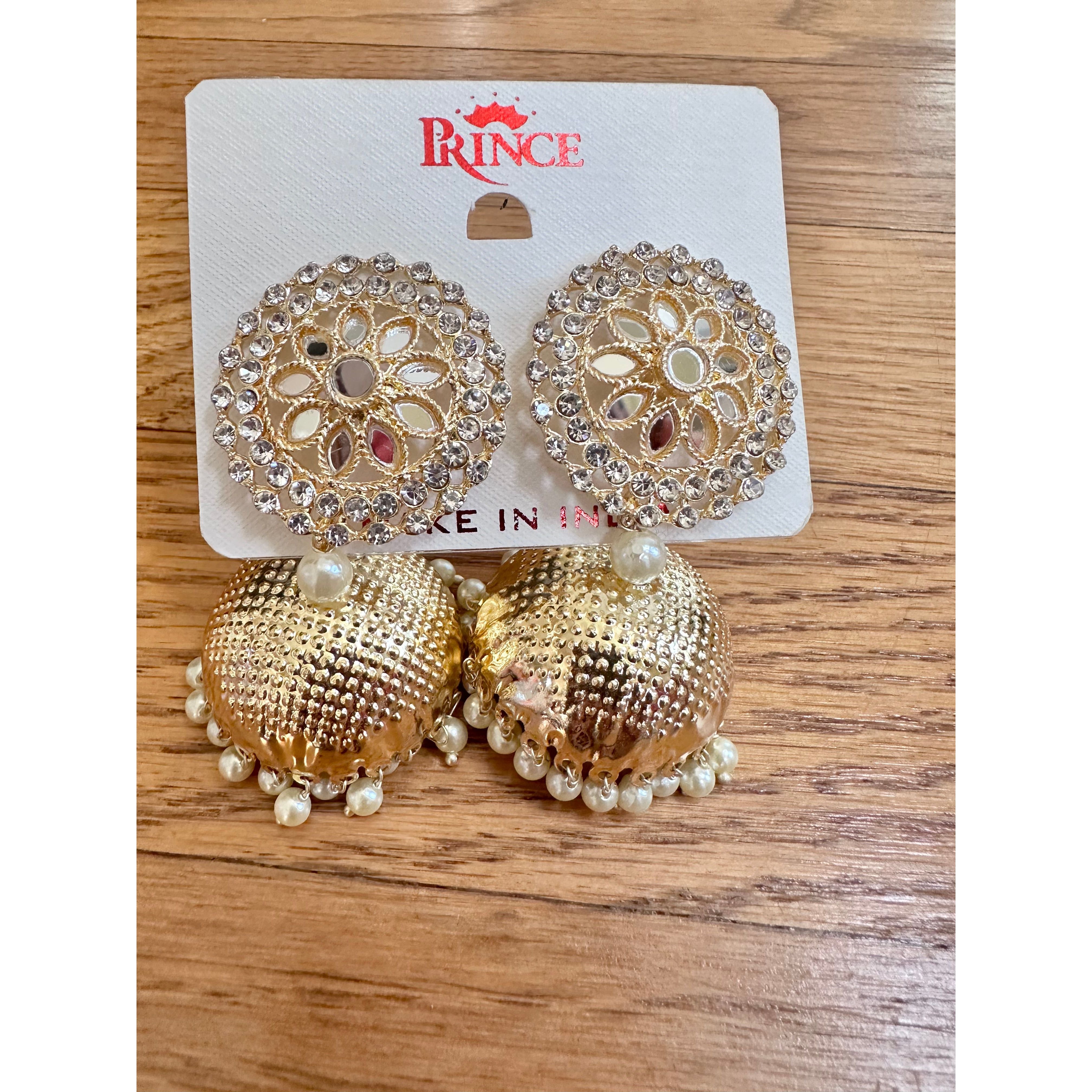 Exquisite White Stones, Pearls & Gold Jhumka Earrings for Women | Traditional Indian Jewelry for Weddings & Festive Occasions