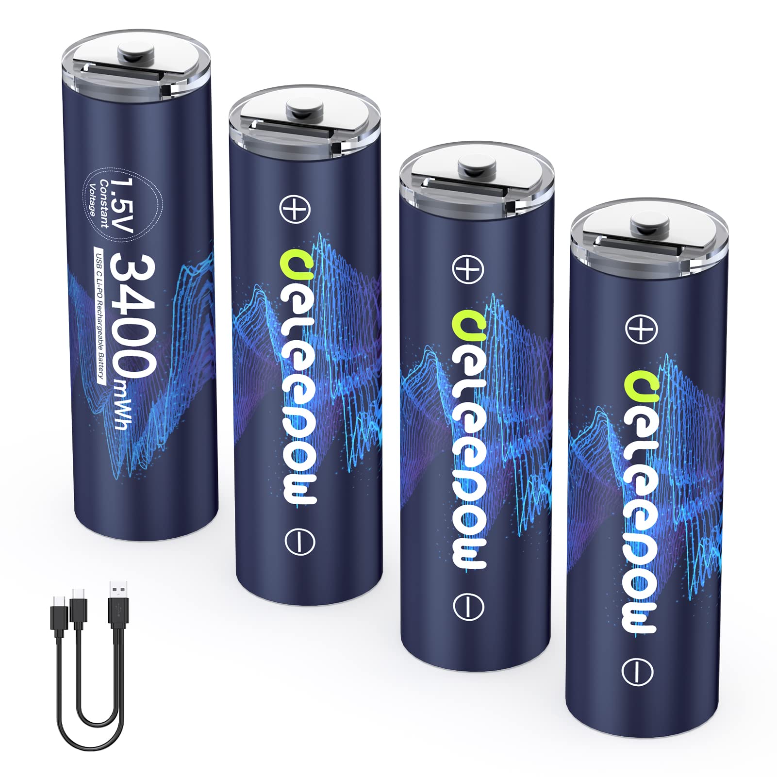 Deleepow 3400mWh USB-C Rechargeable AA Lithium Batteries (4-Pack) - 1.5V 1500 Cycles with USB Cable - Perfect for Cameras, Game Controllers & Smart Home Devices