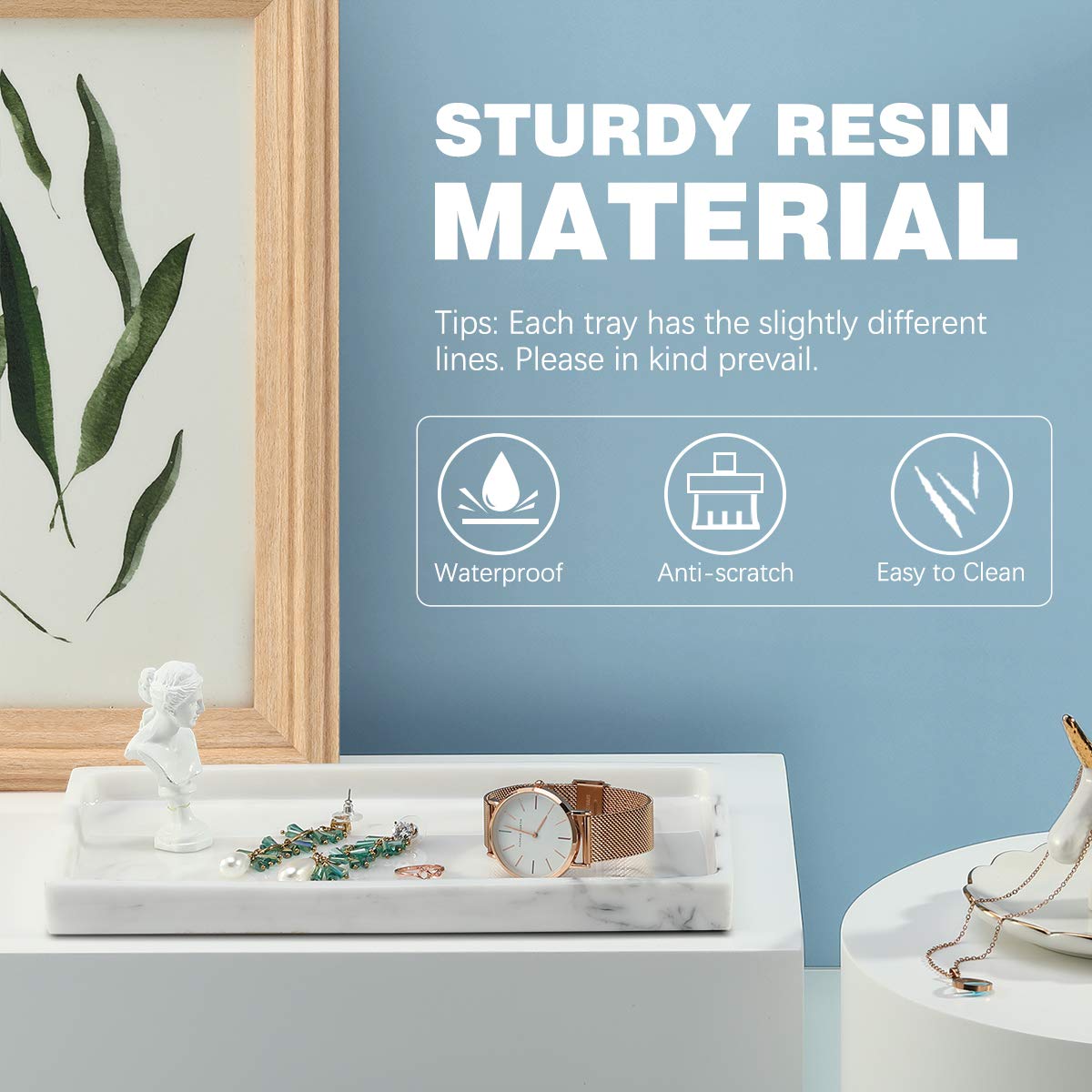 Marble White Resin Bathroom Tray Organizer - Vanity Countertop Jewelry Storage & Home Decor for Candle, Perfume, Plants, Shampoo, Towels - Perfect for Bathroom, Bedroom Dresser and Kitchen Counter Organization