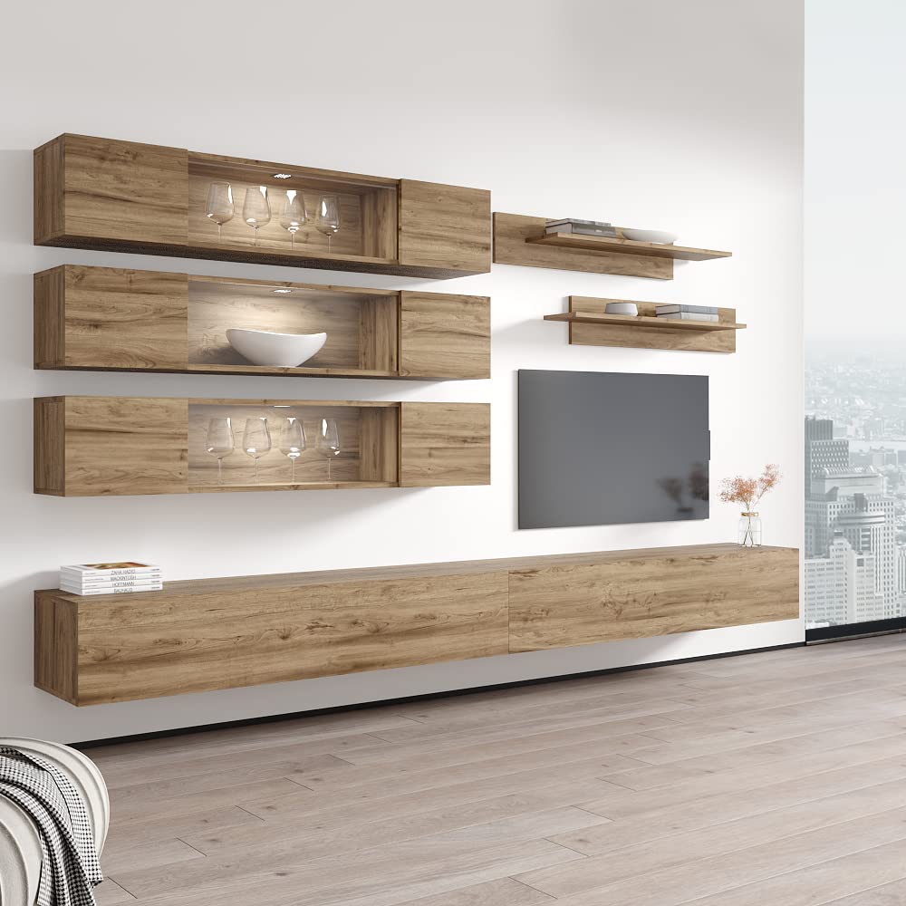 Modern Floating TV Stand with Storage & LED Lights - Wall-Mounted Entertainment Center for Bedroom & Living Room - Oak Wood TV Console with Shelves | Perfect for Small Spaces & Home Theater Setup