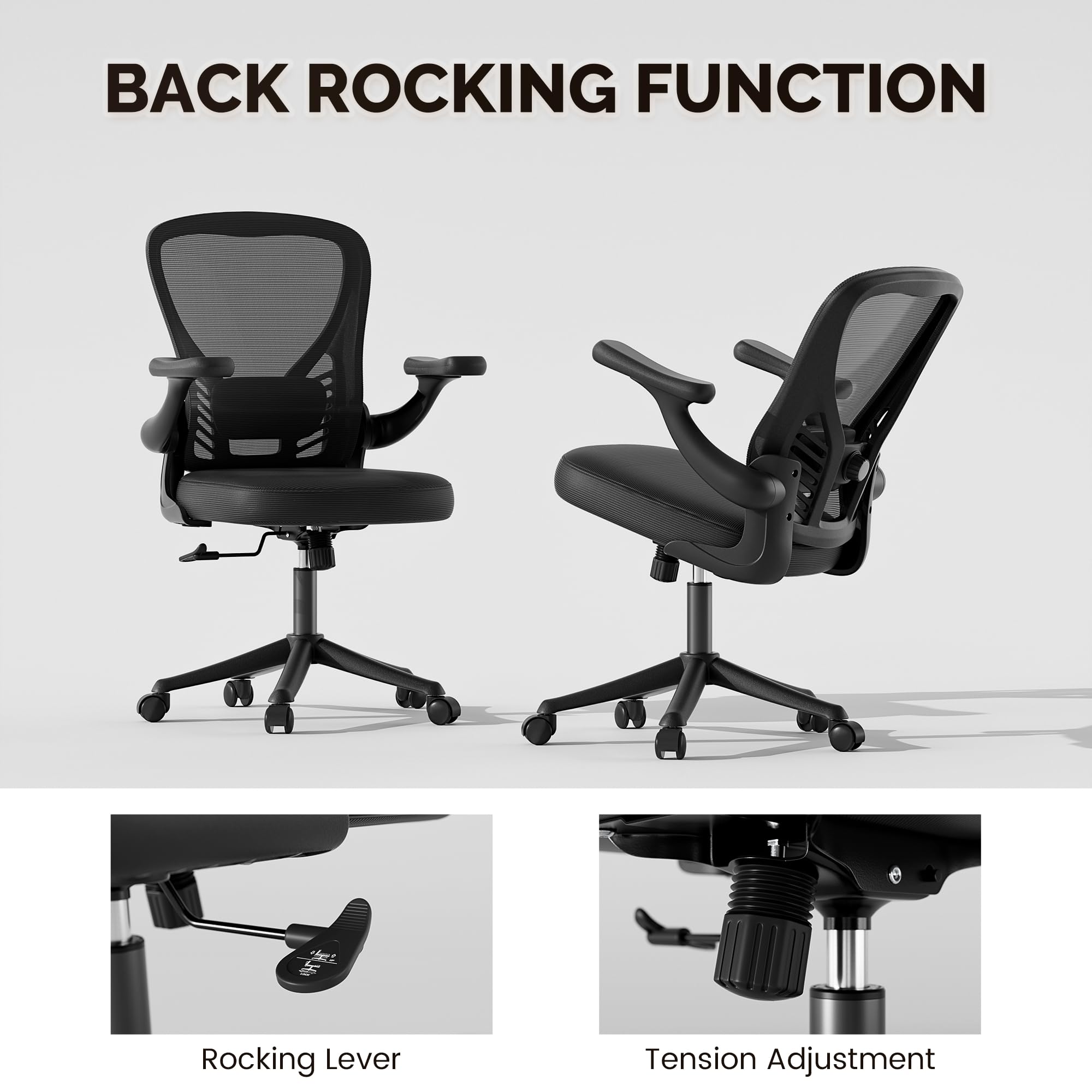 Ergonomic Mesh Office Chair with Wheels - Adjustable Lumbar Support & Flip-Up Arms, Swivel Computer Desk Chair for Home & Office Use - Comfortable Black Task Chair for Long Working Hours