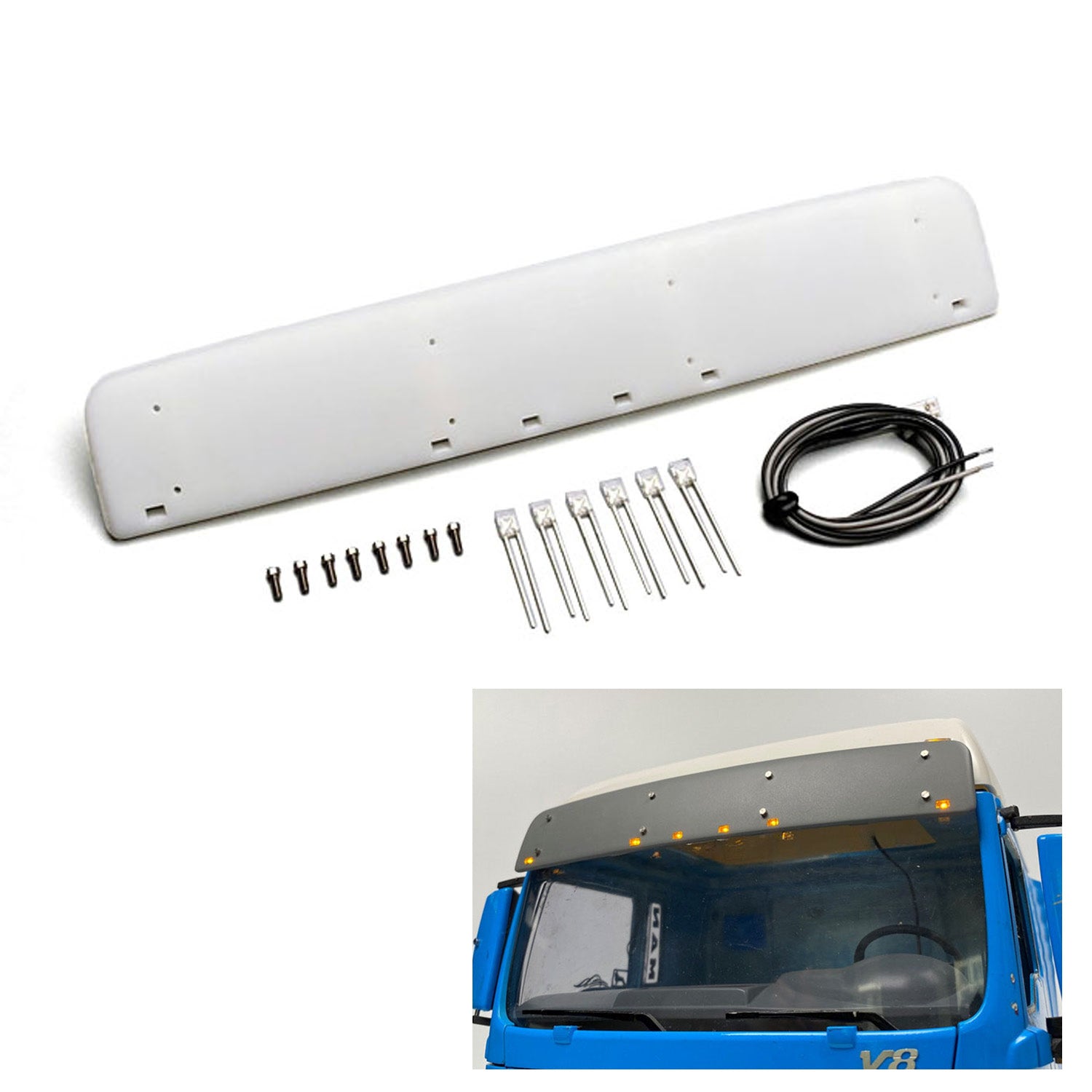 1/14 Scale RC Tractor Truck Sun Visor with 3V LED Lights - 166mm Plastic Upgrade Part for TAMIYA MAN TGX Models - DIY Remote Control Car Accessories for Night Driving & Model Display