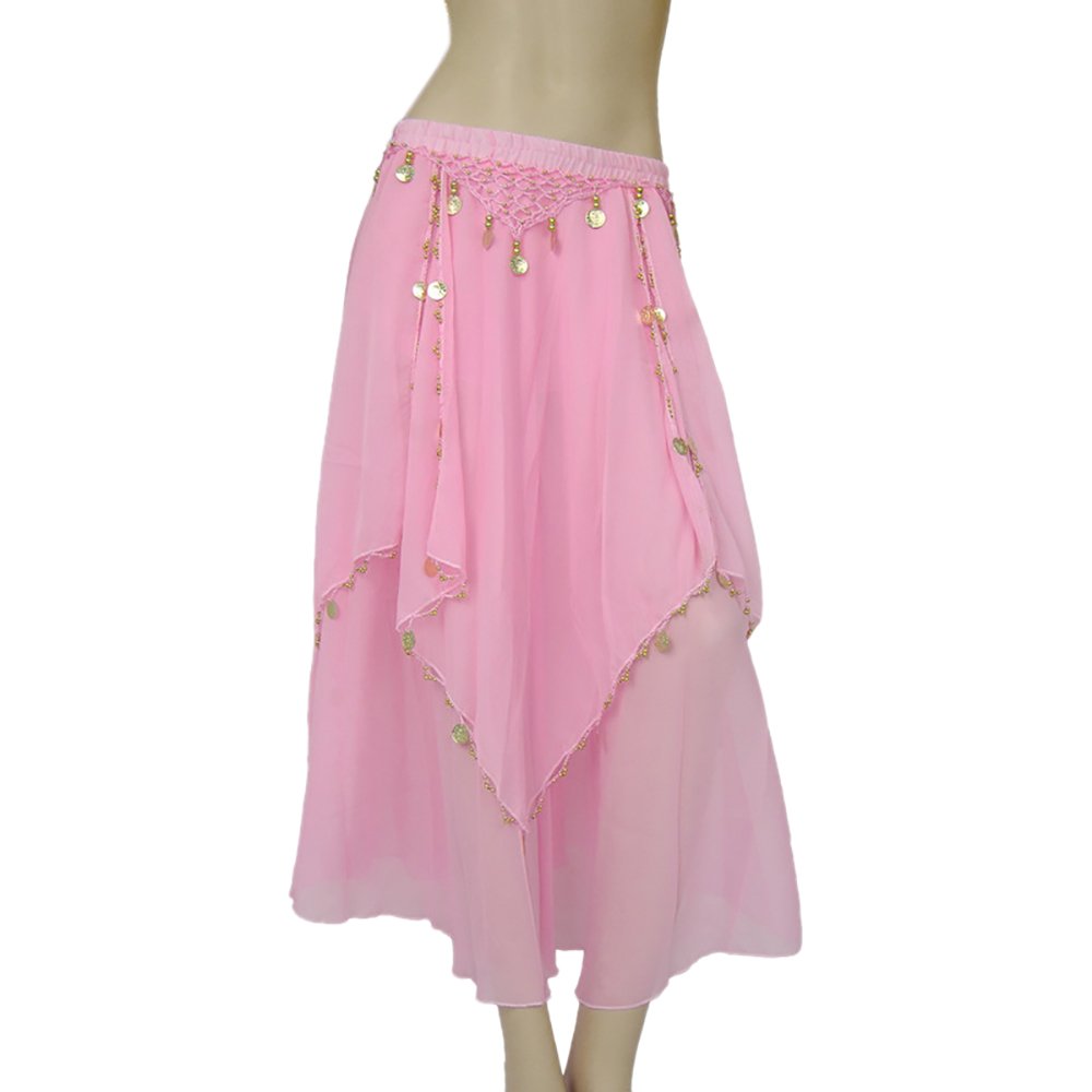 Elegant White Long Chiffon Egyptian Belly Dance Skirt with Coins & Beads Trim - Perfect for Cabaret Performances, Dance Classes, and Costume Parties