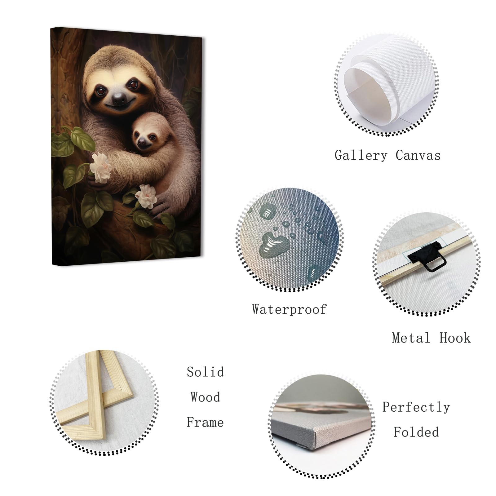 Sloth Wall Art - Framed Mother & Baby Sloth Painting (28x42 Inches) for Kids Room & Nursery Decor | Jungle Animal Prints | Perfect for Baby Showers & Playroom Themes
