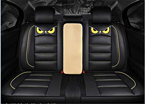 Premium OWL PU Leather Car Seat Covers Full Set (5 Seats) - Waterproof Front & Back Seat Protectors for Most Cars & SUVs | Includes 2 Lumbar Pillows, 2 Headrest Cushions & Steering Wheel Cover (Black-Yellow) | Perfect for Road Trips, Daily Commuting & Family Protection