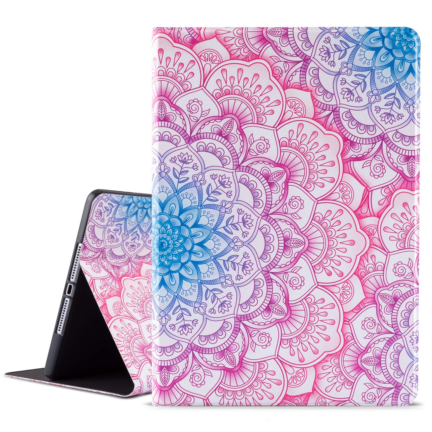 Premium Leather Folio Stand Cover for iPad 9.7 Inch (2017/2018), iPad Air & iPad Air 2 - 6th/5th Generation Cases with Auto Wake/Sleep | Vimorco Blue Purple Mandala Design | Perfect for Work, Travel & Home Use