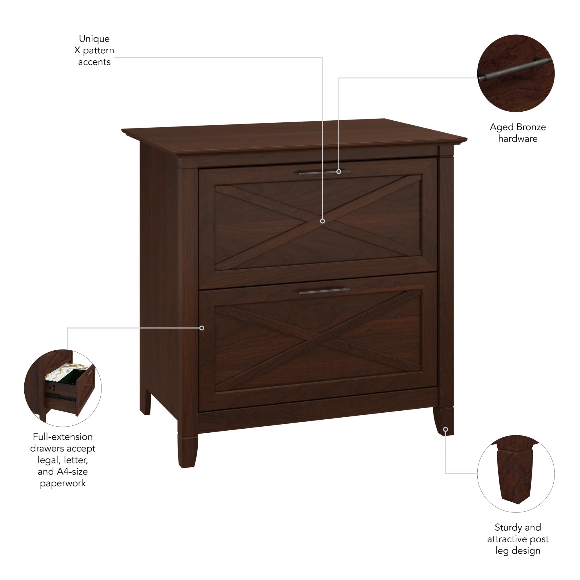 Bush Furniture Key West 2-Drawer Lateral File Cabinet in Bing Cherry Finish - Home Office Storage Solution for Files, Documents & Office Supplies