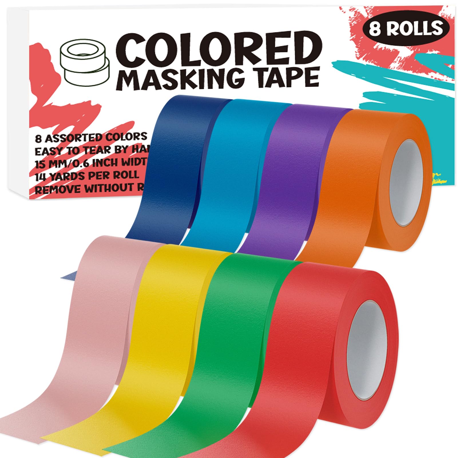 ALLFUN 8-Pack Colorful Masking Tape Set for Kids Arts & Crafts - Washable Painters Tape for DIY Projects, School Supplies & Home Decor - Perfect for Scrapbooking, Labeling & Creative Design