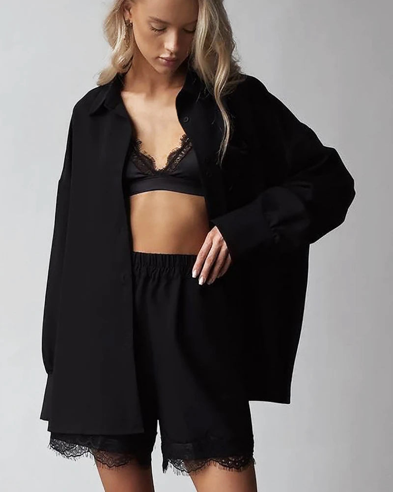 Oversized Silk Shirt and Shorts Pajama Set for Women - Soft & Comfortable Sleepwear - Perfect for Lounge, Travel and Relaxation at Home