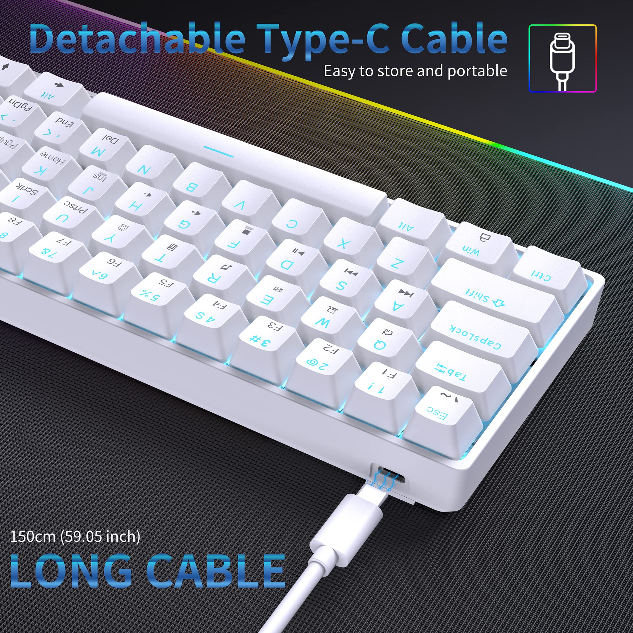 Dierya DK61SE 60% Wired Mechanical Gaming Keyboard - Red Switch, Ice Blue Backlight, Compact 61 Keys Anti-Ghosting (US Layout) - Perfect for PC Gaming, Office Work & Typing Enthusiasts - White