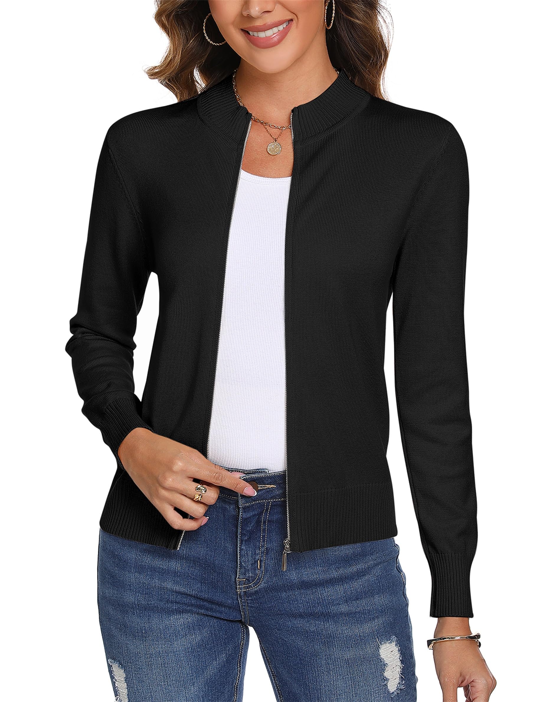 Women's Lightweight Knit Zip-Up Cardigan Sweater - Long Sleeve Casual Zipper Jacket for Fall & Winter | Perfect for Office, Travel and Everyday Wear