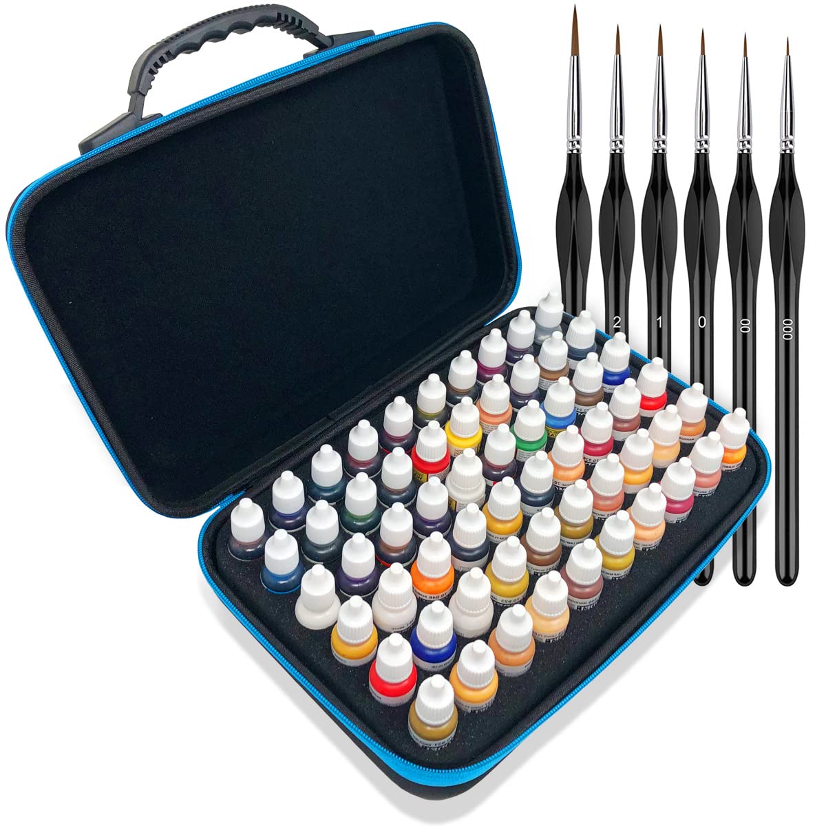 Pixiss Acrylic Paint Storage Case - 60 Slot Organizer Holder Tray for Round Top Hobby Paints, Includes 6 Fine Detail Miniature Brushes - Perfect for Model Painting, Warhammer, D&D Miniatures & Art Projects
